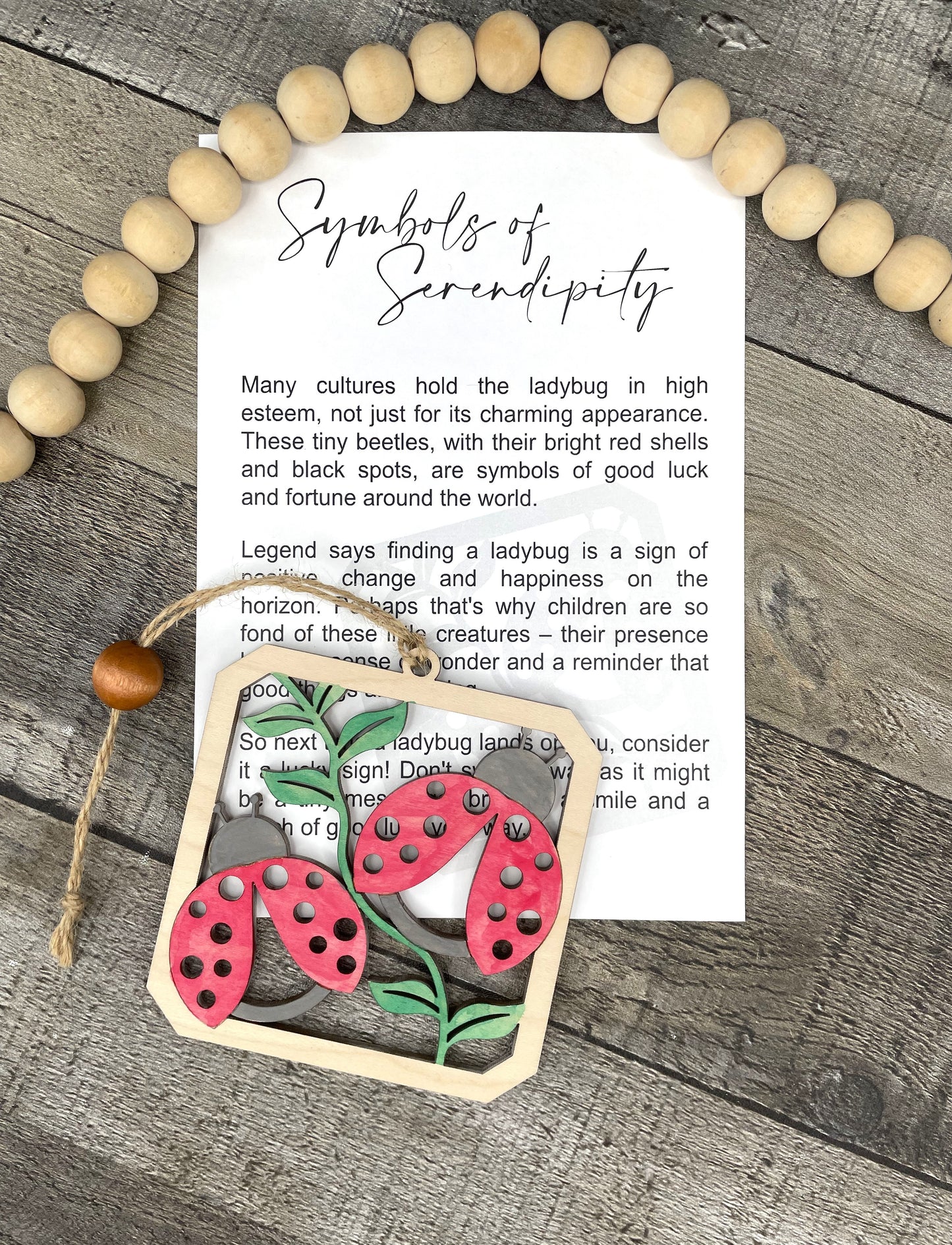 Ladybug Symbol of Serendipity Wooden Ornament with Story Card