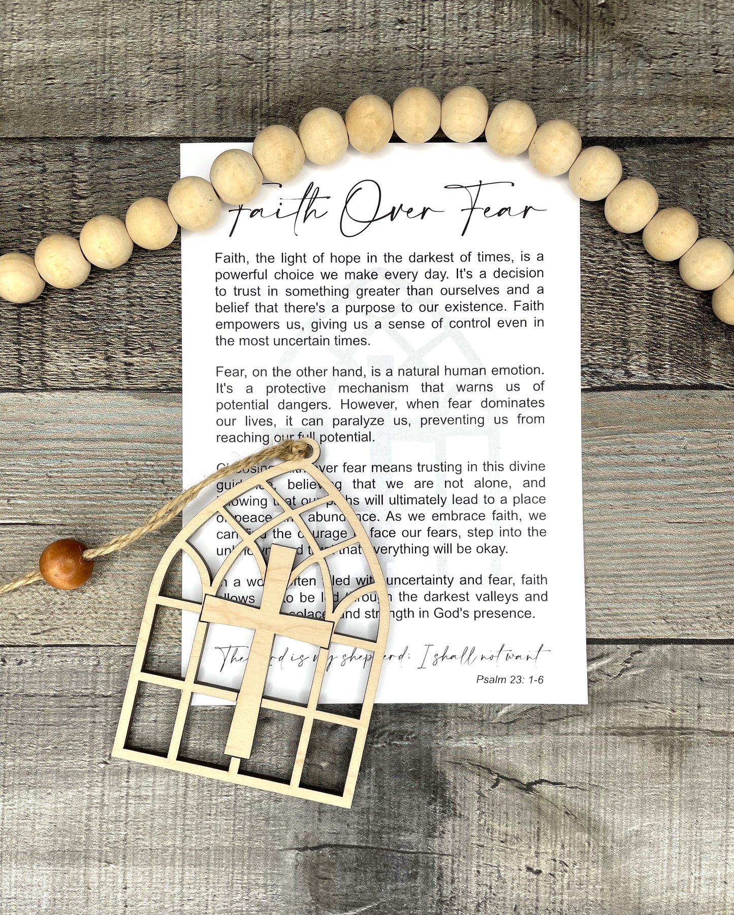 Faith Over Fear Wooden Cross Ornament – Christian Gift with Inspirational Psalm 23:1-6 Card – Religious Home Décor, Encouragement Gift, Faith Keepsake