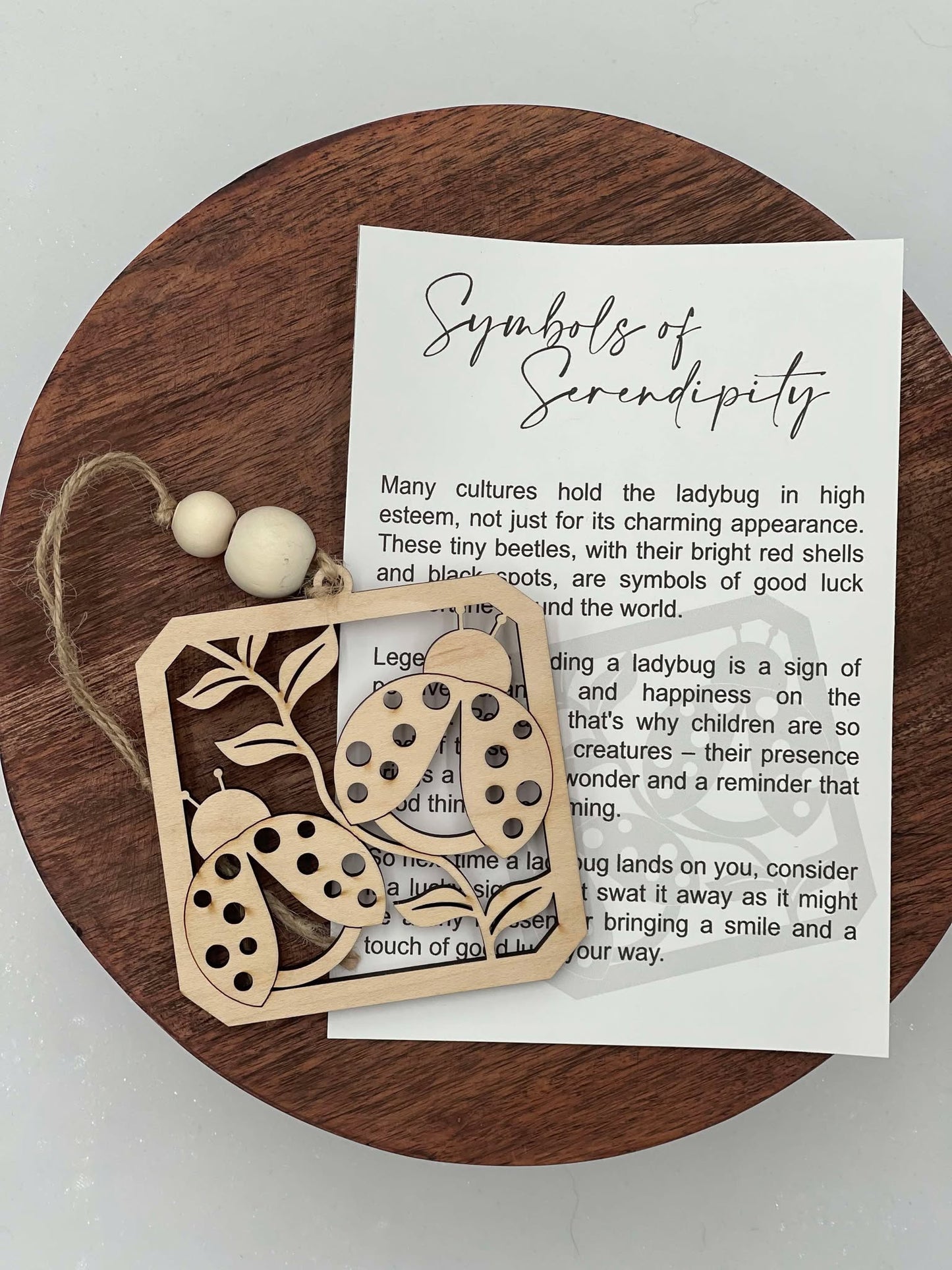 Ladybug Symbol of Serendipity Wooden Ornament with Story Card