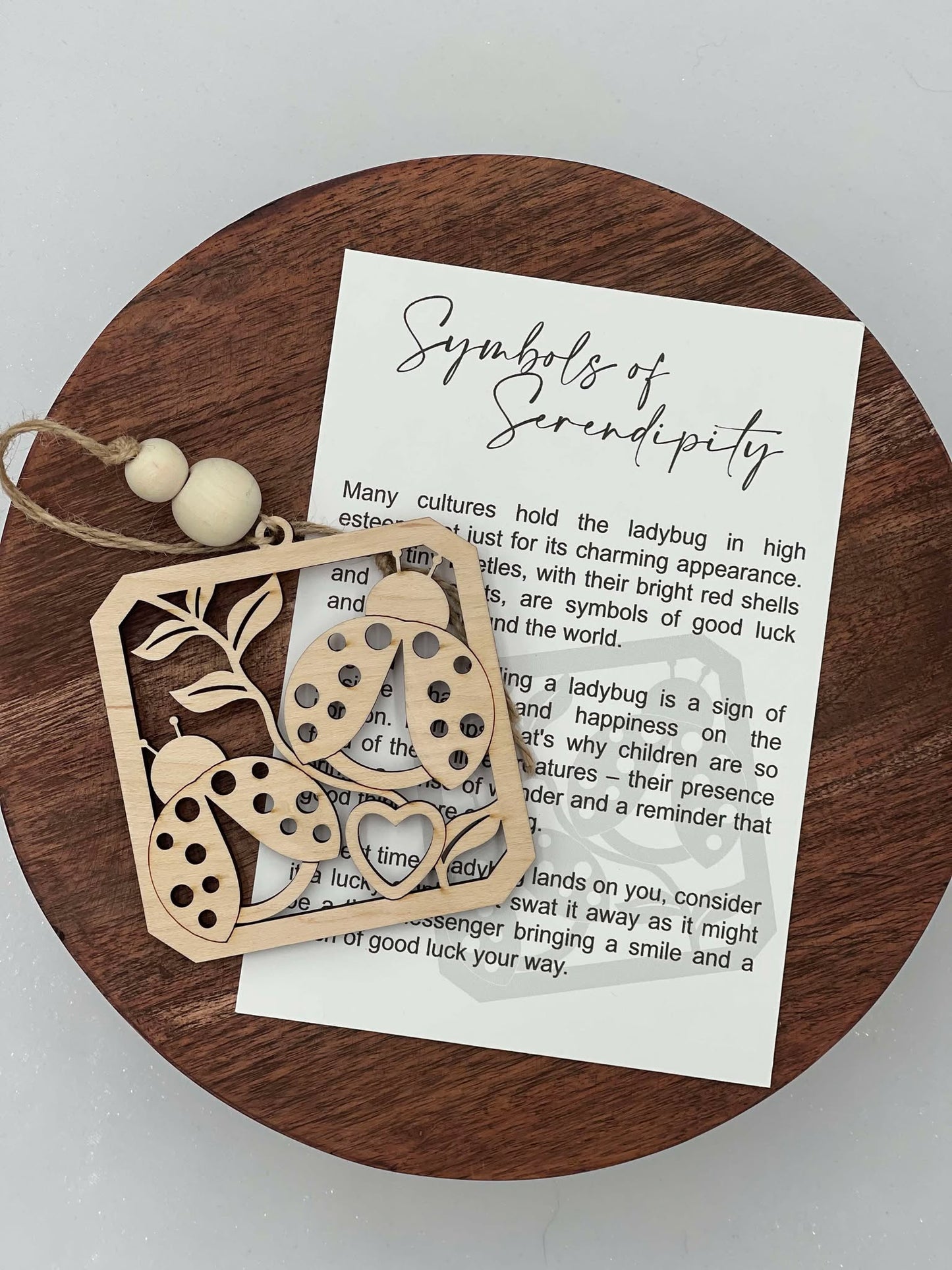 Ladybug Symbol of Serendipity Wooden Ornament with Story Card
