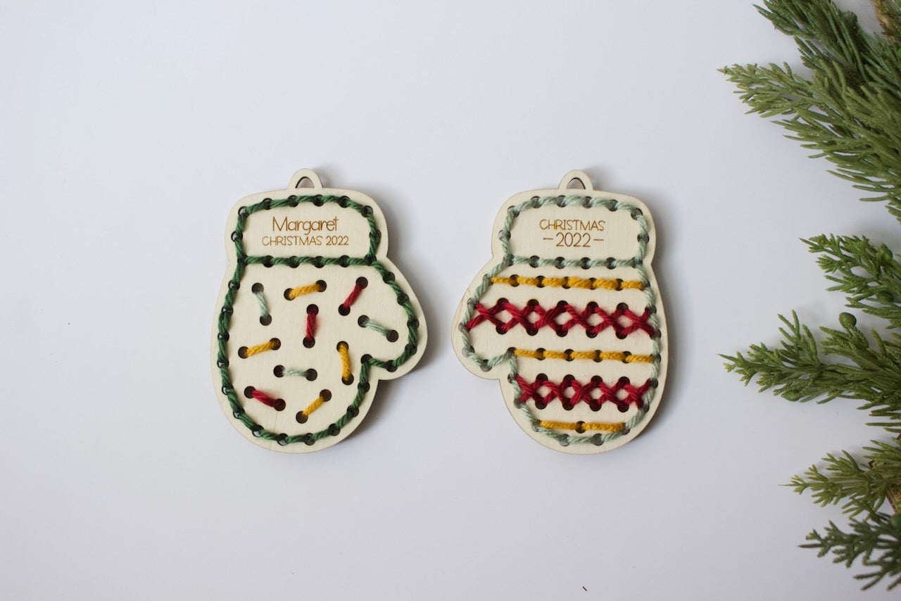 DIY Mitten Ornament Sewing Kit - Personalized Wooden Christmas Craft