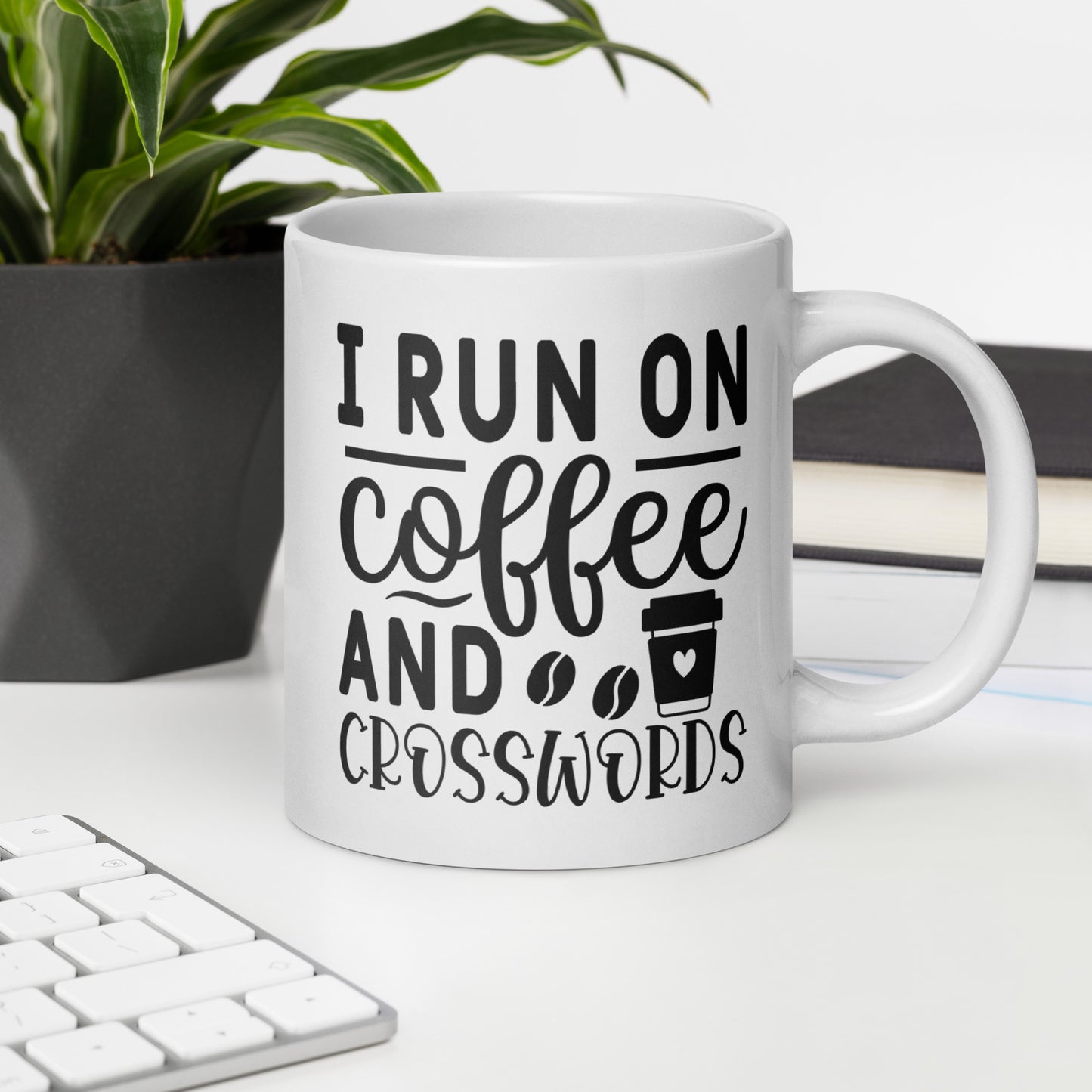 I Run on Coffee and Crosswords |  White Glossy Mug - Quirky Ceramic Coffee Cup