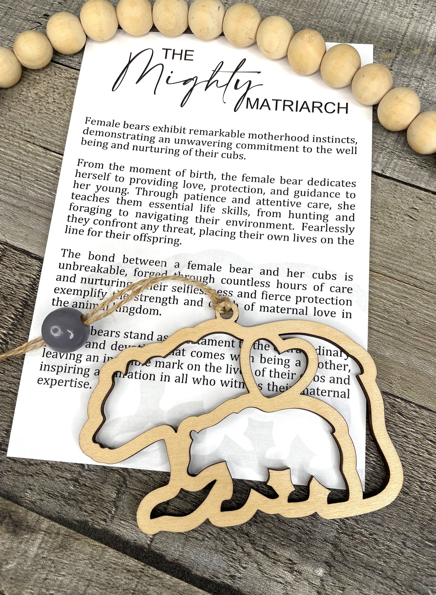 Customizable 'The Mighty Matriarch' Bear Family Wooden Ornament with Optional Name Engraving and Story Card