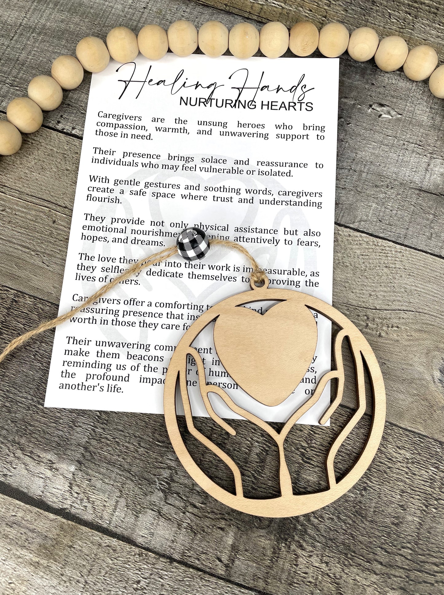 Caregiver Appreciation Wooden Ornament with Hearts and Nurturing Message Story Card