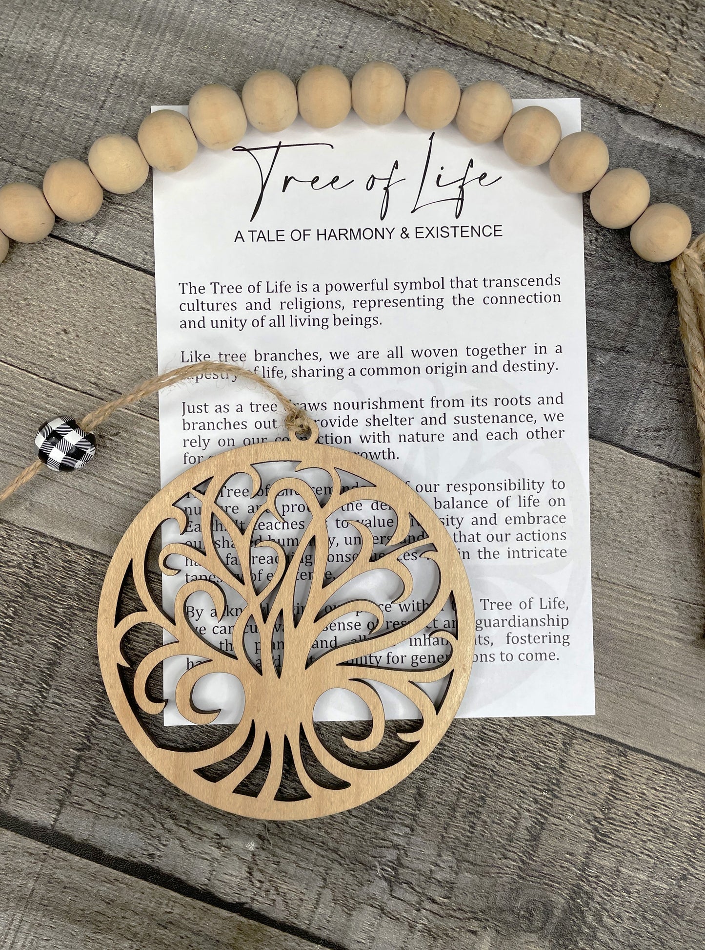 Tree of Life Wooden Ornament with Harmony & Existence Story Card