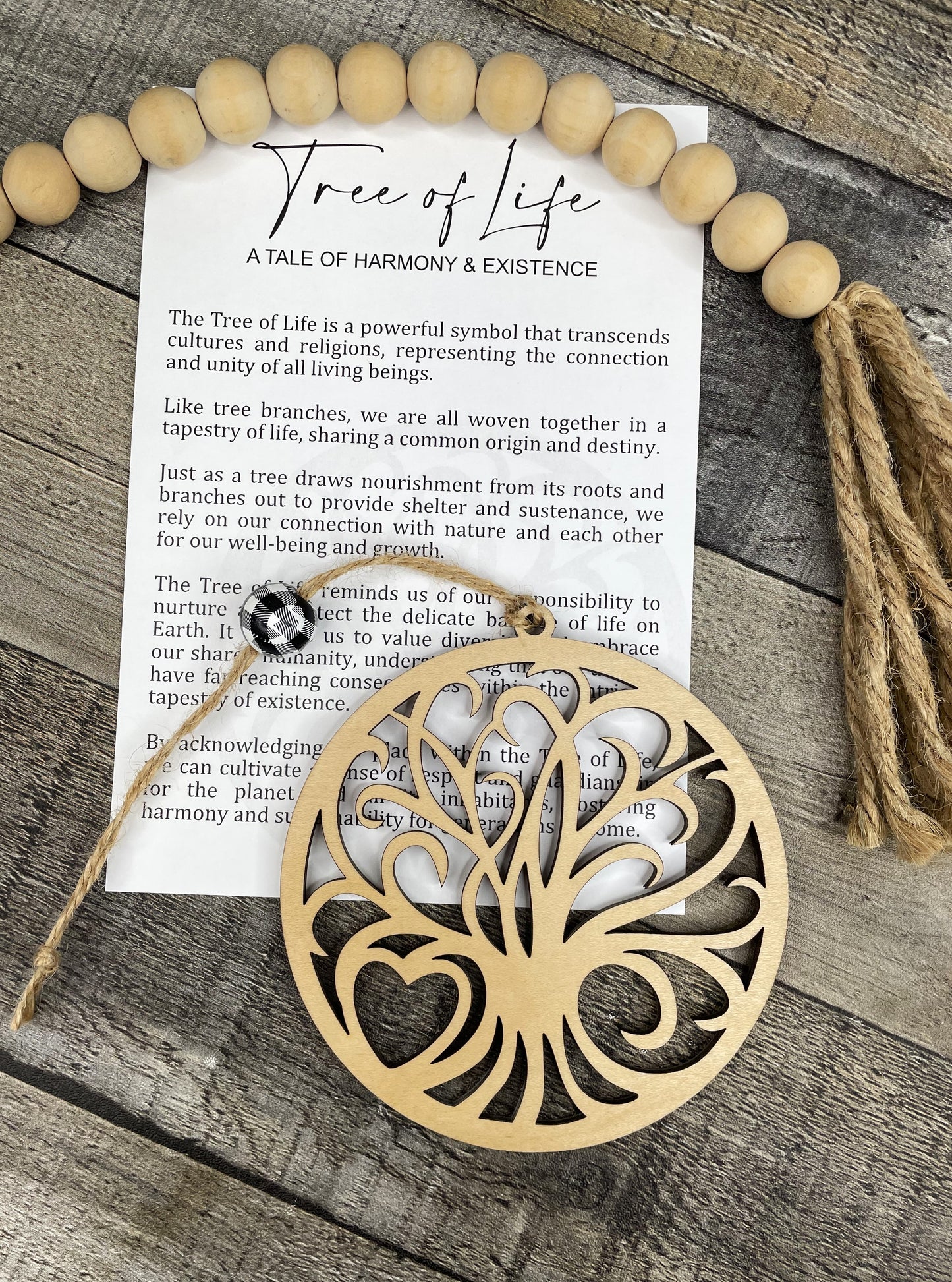 Tree of Life Wooden Ornament with Harmony & Existence Story Card