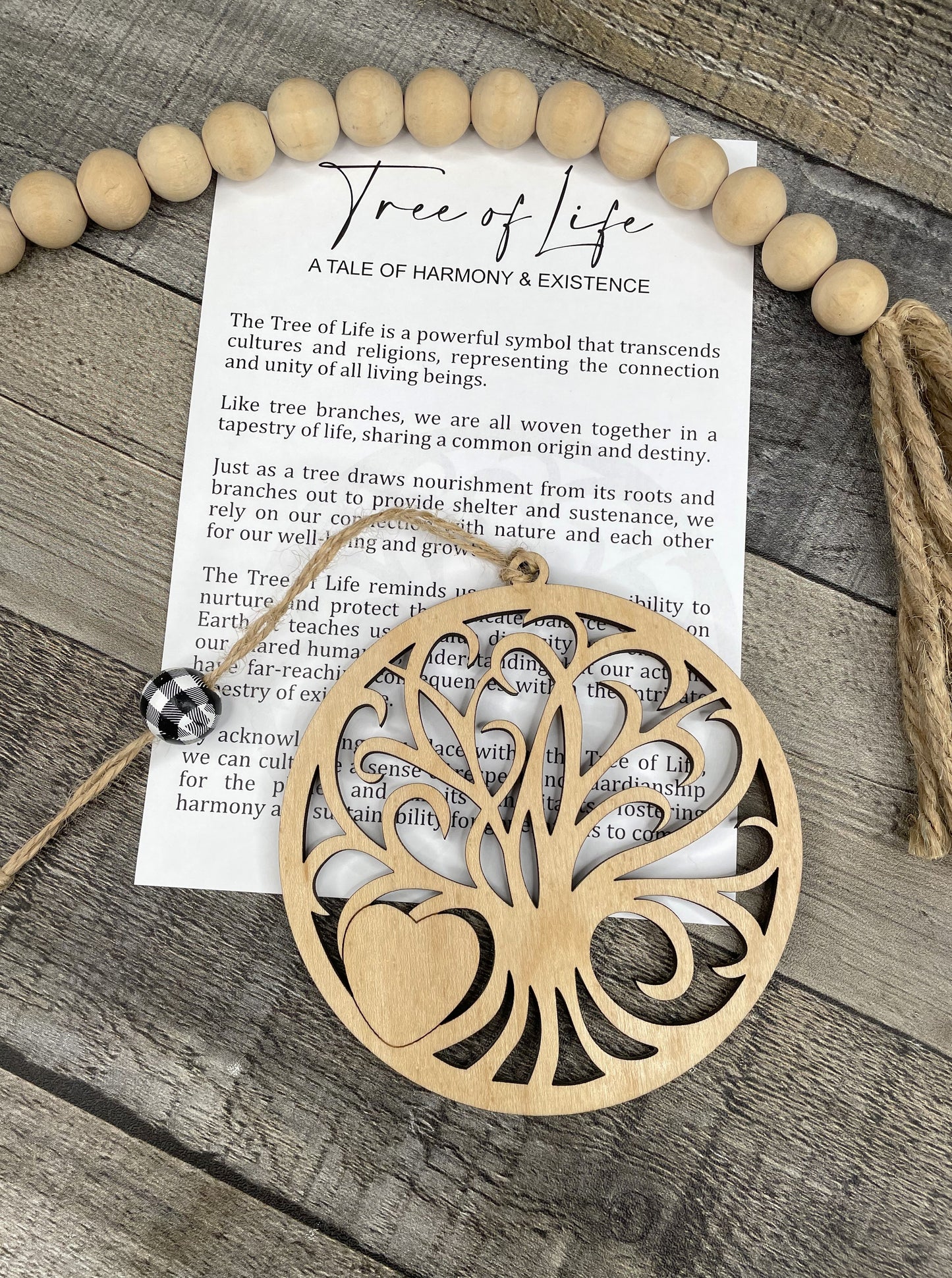 Tree of Life Wooden Ornament with Harmony & Existence Story Card