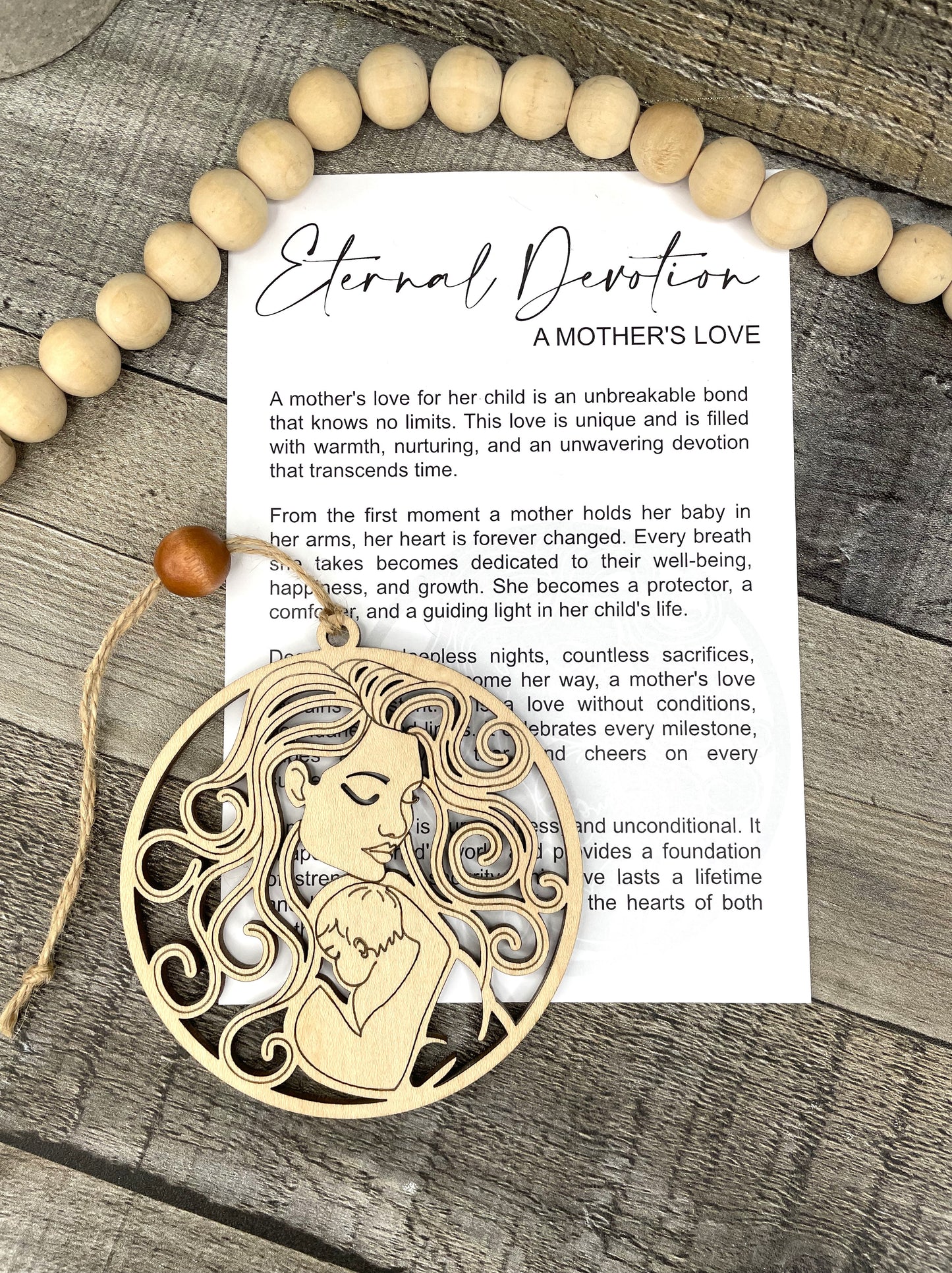 Mother and Child Love Wooden Ornament with Eternal Devotion Story Card