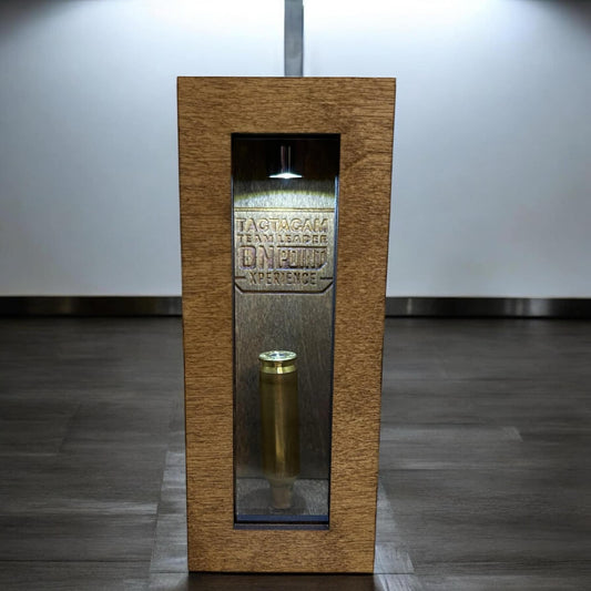 Custom Bullet Display Case – Wall-Mounted Cartridge Shadow Box with Engraved Logo