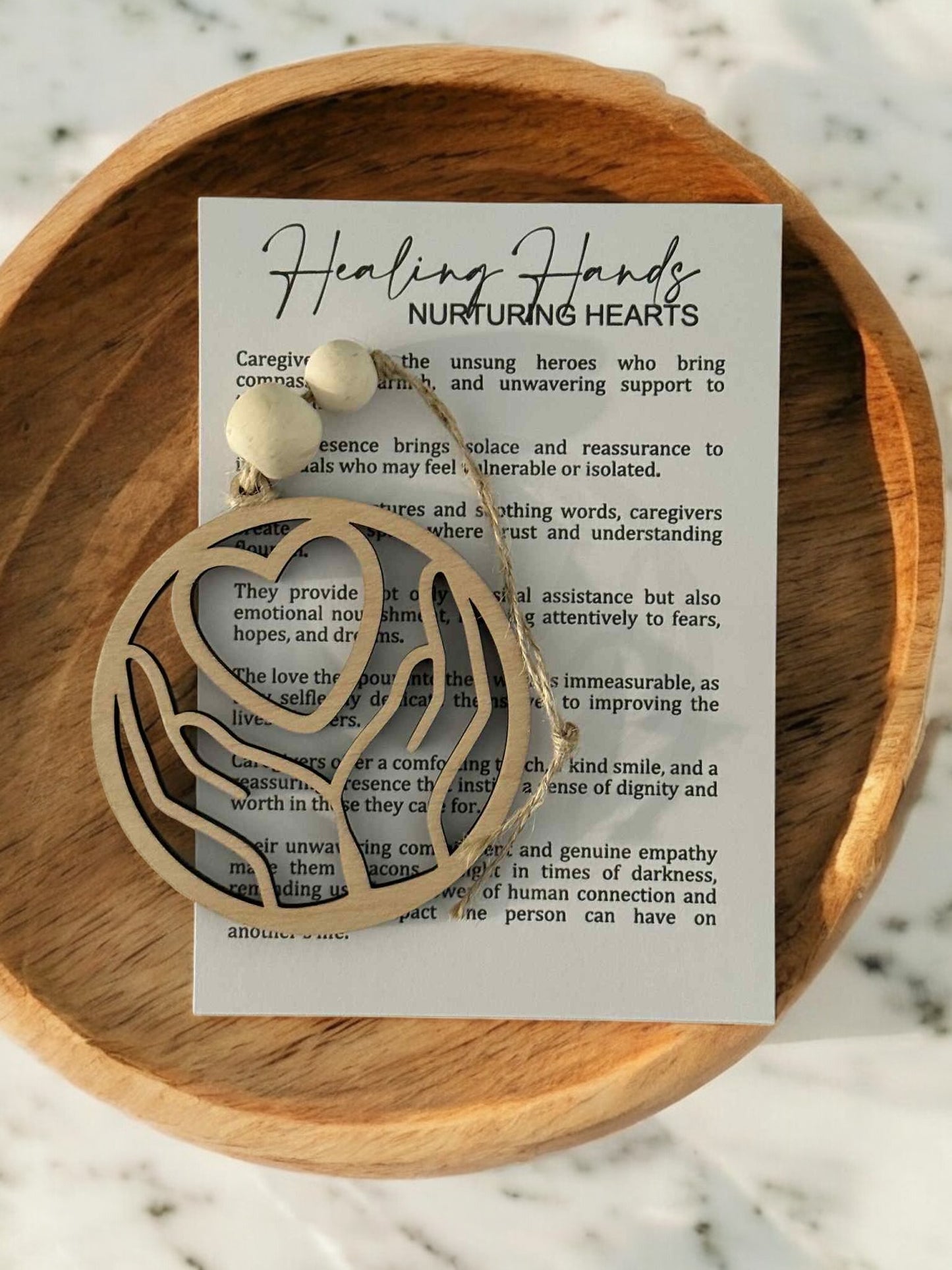 Caregiver Appreciation Wooden Ornament with Hearts and Nurturing Message Story Card
