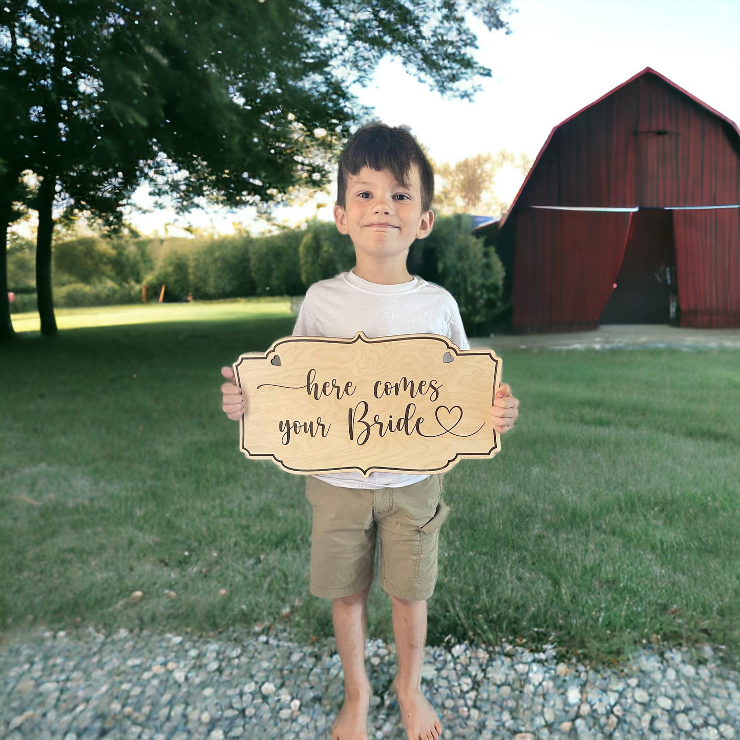 Engraved Wooden Ring Bearer Sign – Here Comes Your Bride