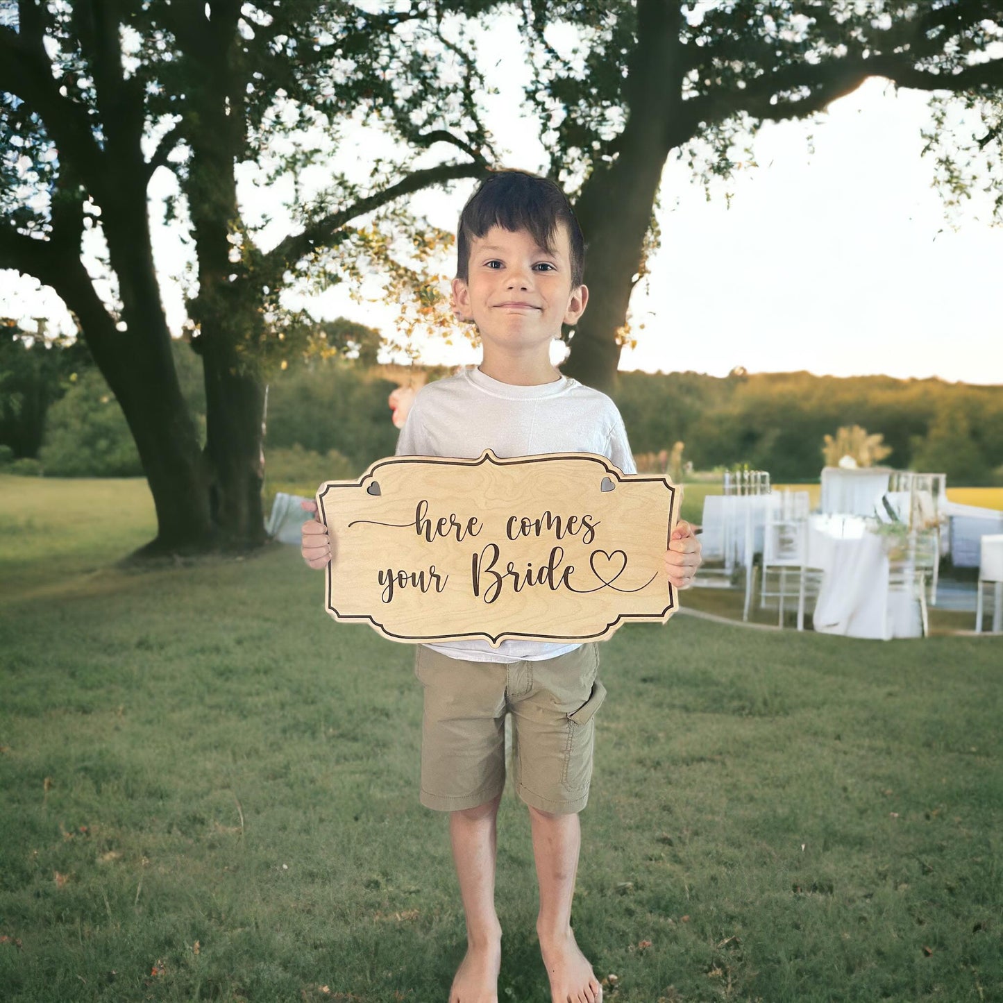 Engraved Wooden Ring Bearer Sign – Here Comes Your Bride