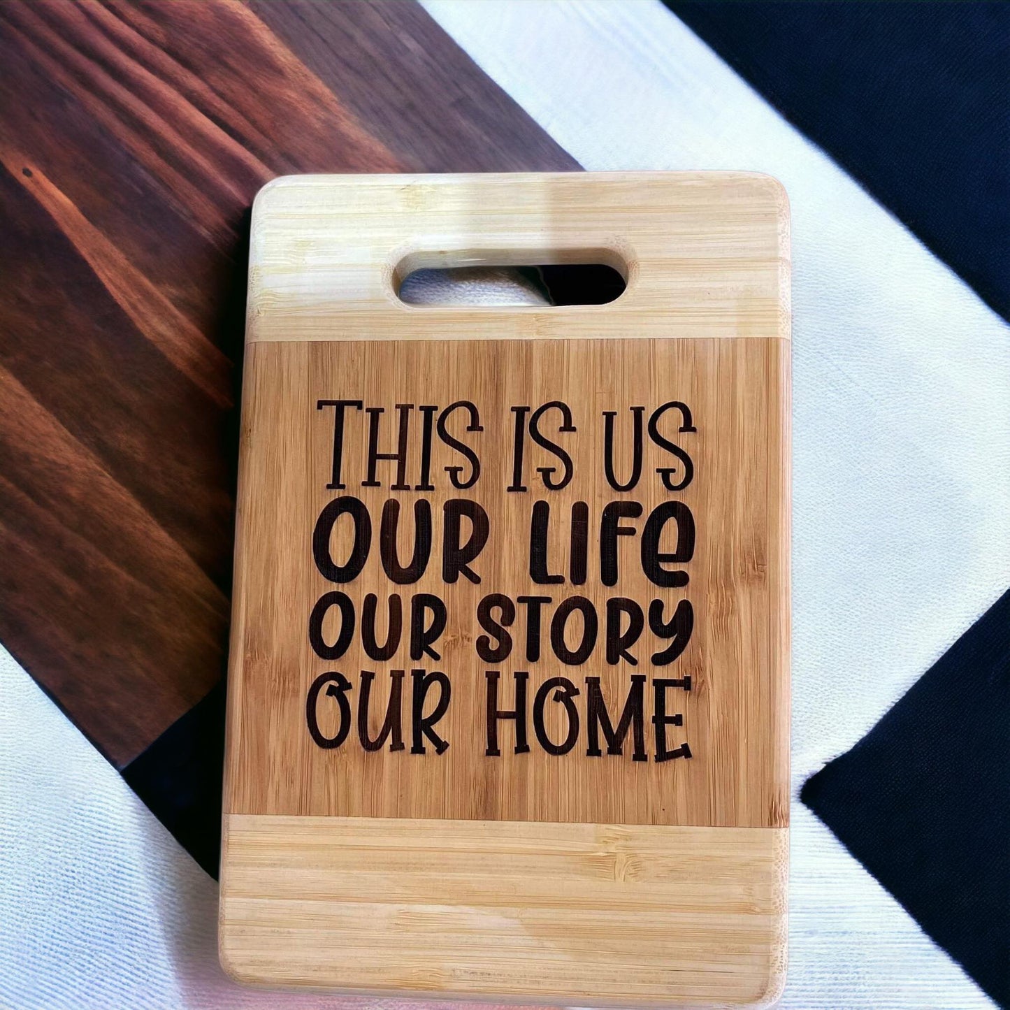 This Is Us Decorative Bamboo Cutting Board - Laser Engraved Farmhouse Kitchen Decor