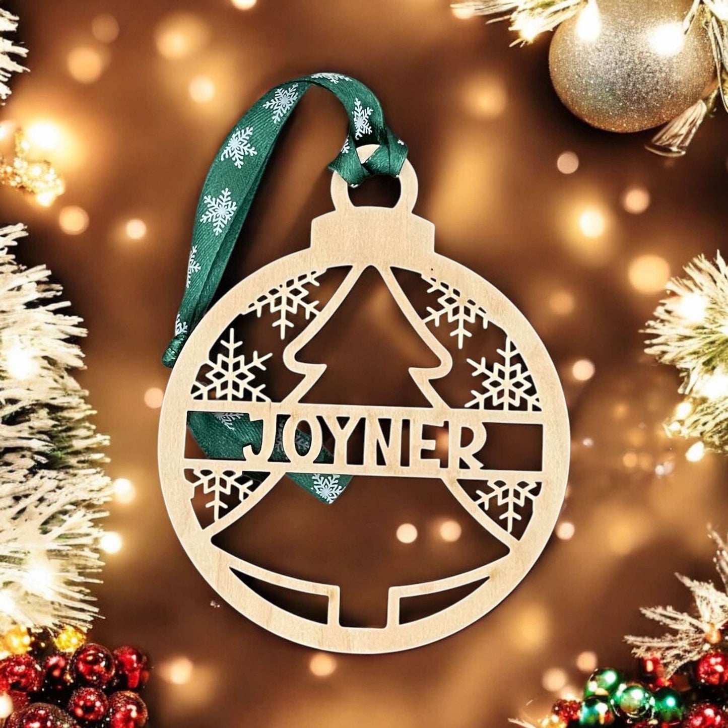 Personalized Christmas Tree Ornament with Snowflakes – Custom Name Laser-Cut Wooden Decoration