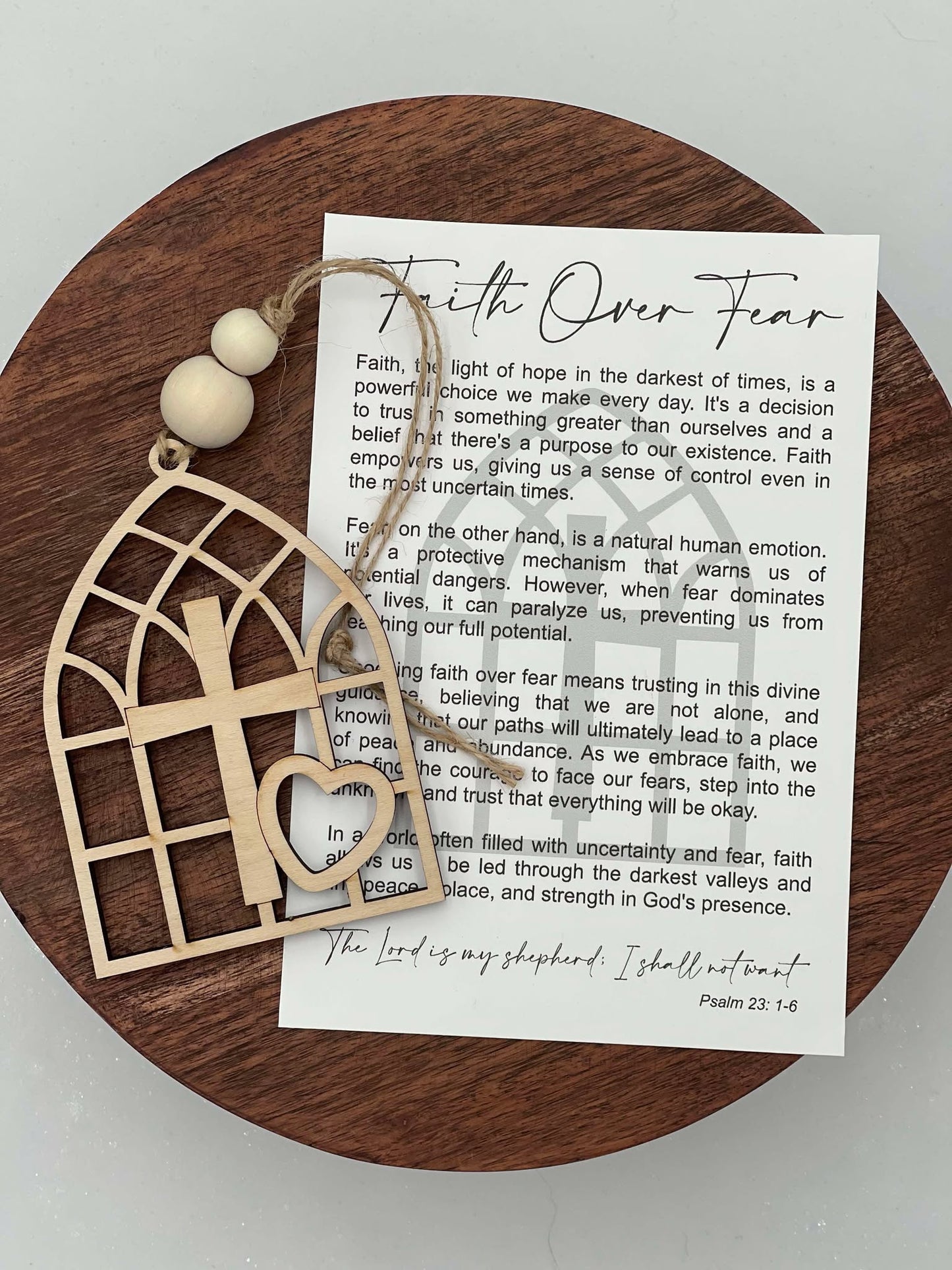 Faith Over Fear Wooden Cross Ornament – Christian Gift with Inspirational Psalm 23:1-6 Card – Religious Home Décor, Encouragement Gift, Faith Keepsake