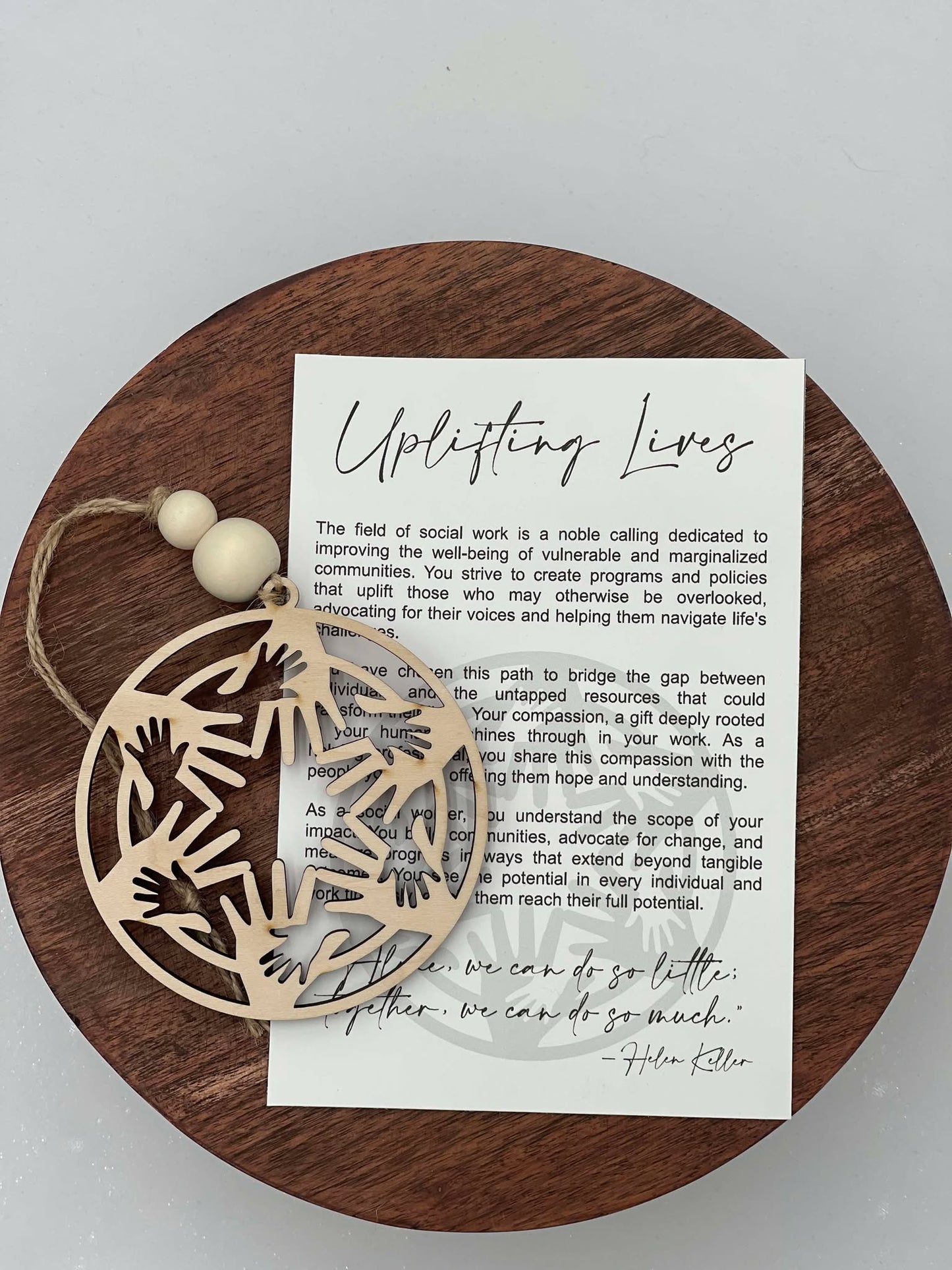 "Uplifting Lives" Social Worker Ornament – Personalized Hand Design with Heart Option