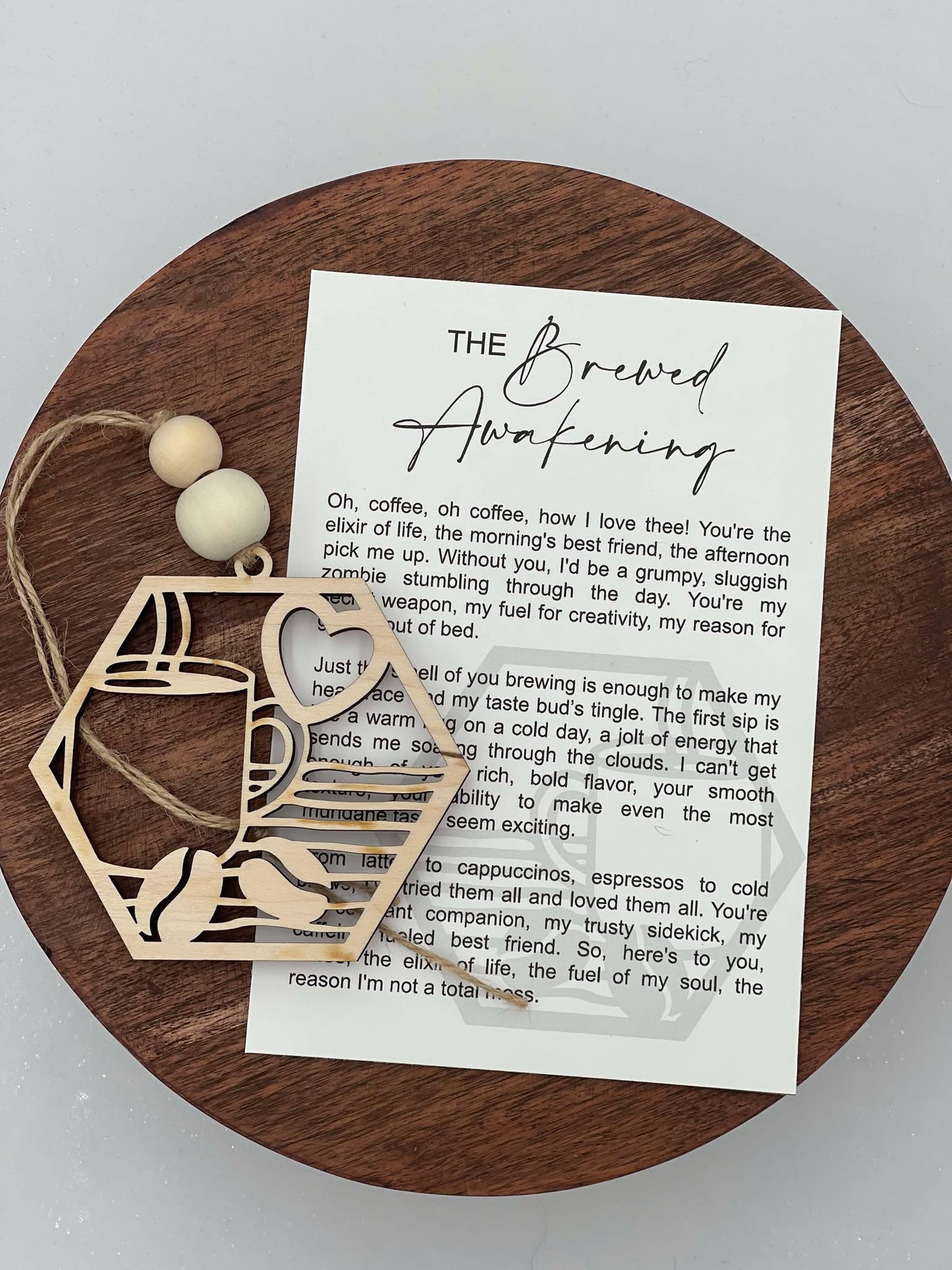 The Brewed Awakening - Wooden Coffee-Themed Ornament