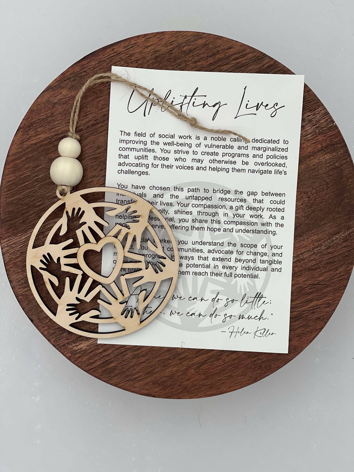"Uplifting Lives" Social Worker Ornament – Personalized Hand Design with Heart Option