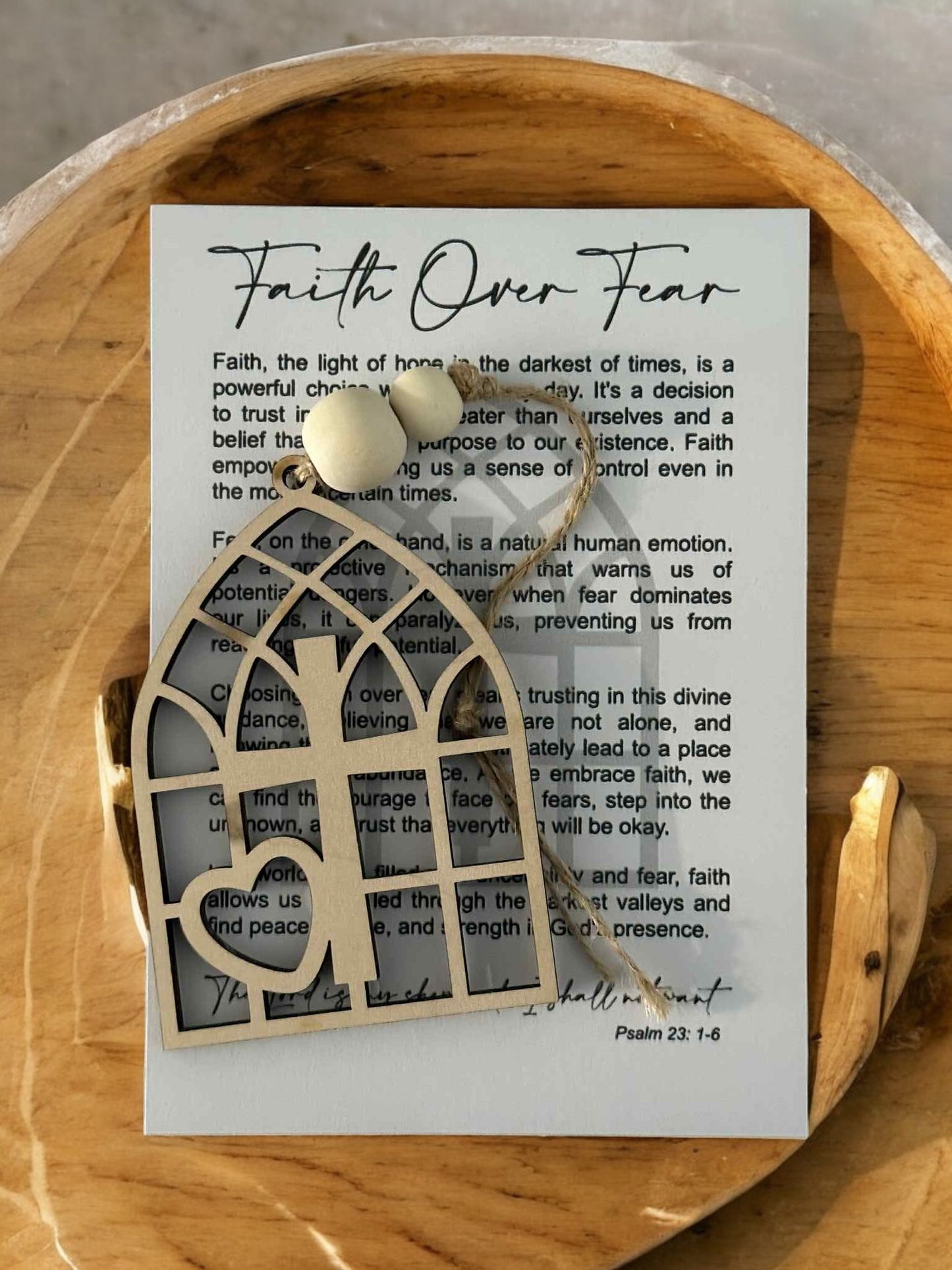 Faith Over Fear Wooden Cross Ornament – Christian Gift with Inspirational Psalm 23:1-6 Card – Religious Home Décor, Encouragement Gift, Faith Keepsake