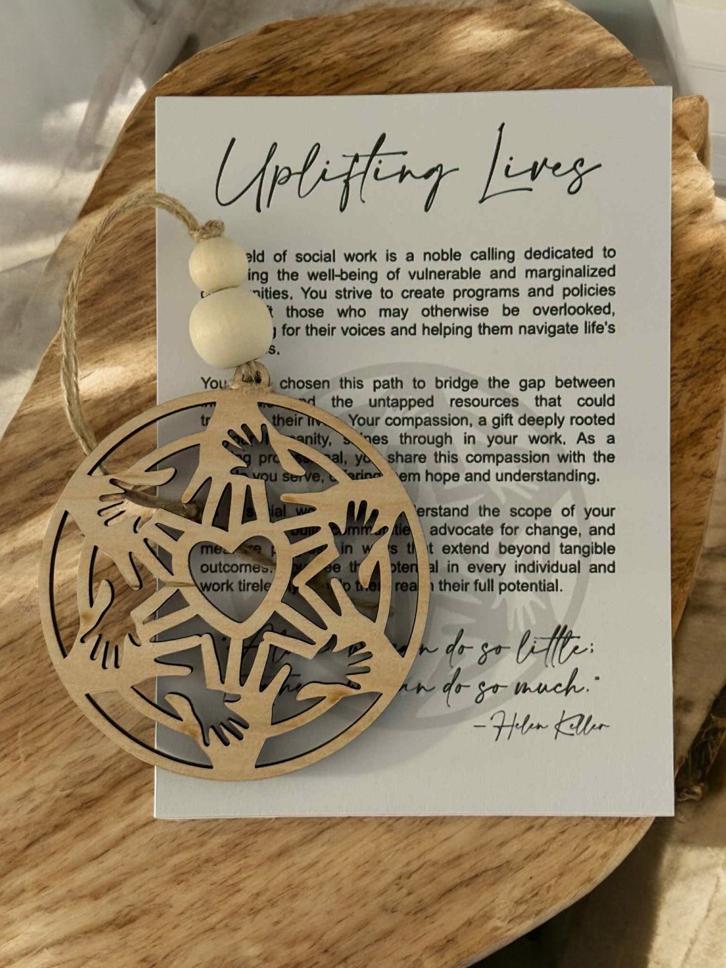 "Uplifting Lives" Social Worker Ornament – Personalized Hand Design with Heart Option