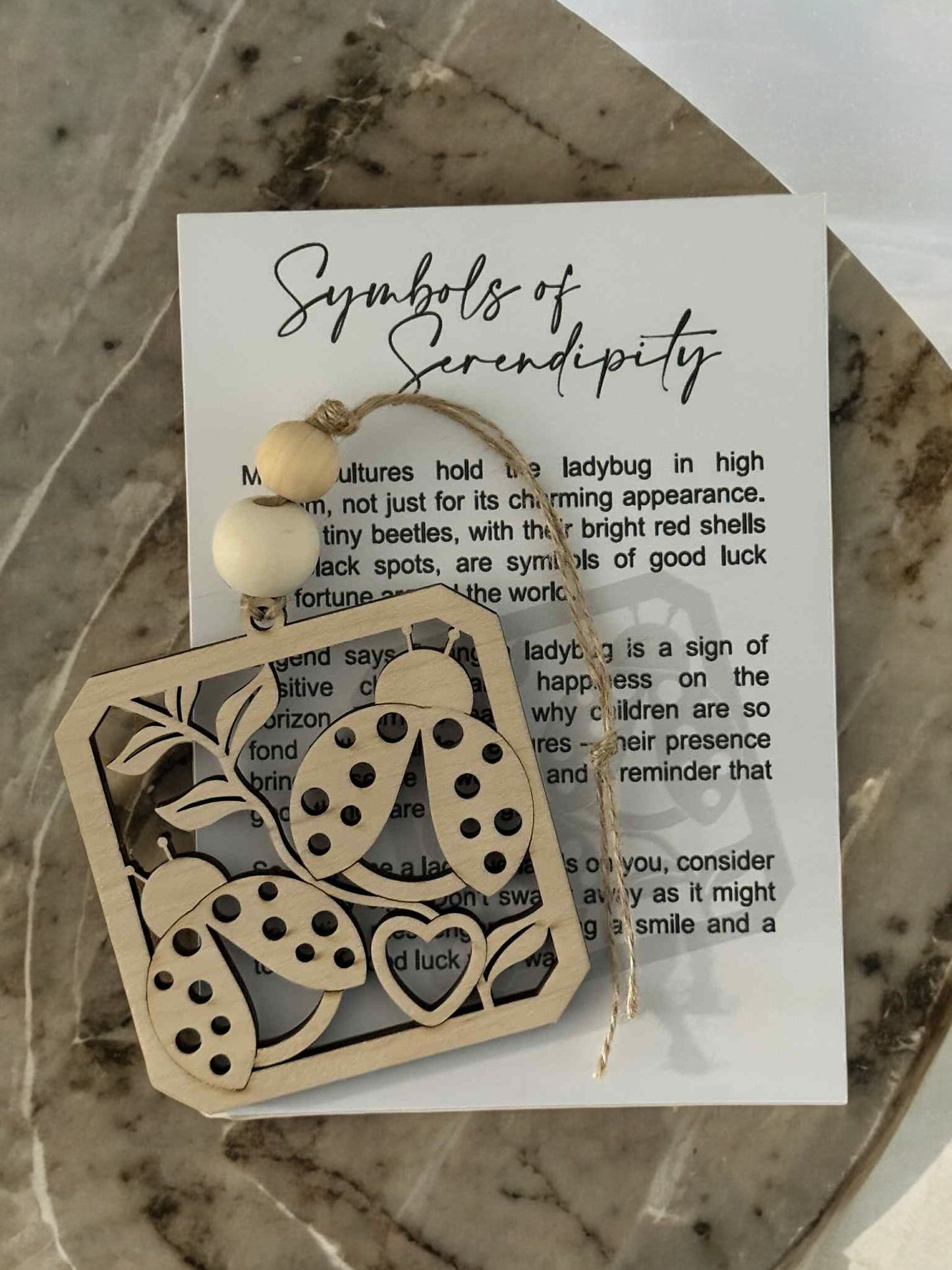 Ladybug Symbol of Serendipity Wooden Ornament with Story Card