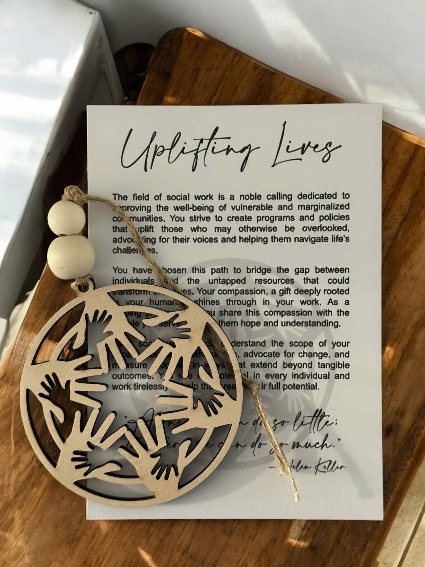 "Uplifting Lives" Social Worker Ornament – Personalized Hand Design with Heart Option