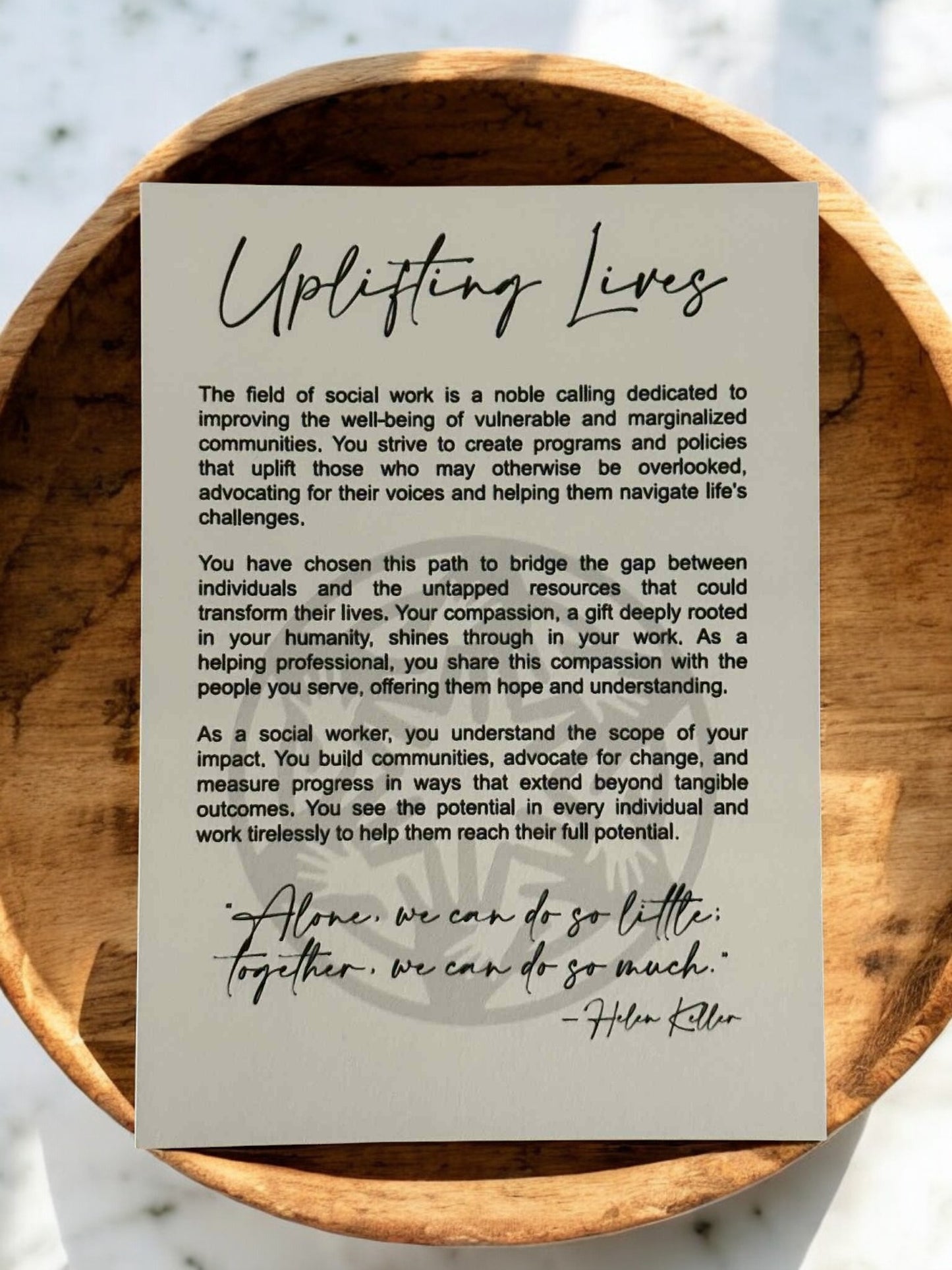 "Uplifting Lives" Social Worker Ornament – Personalized Hand Design with Heart Option