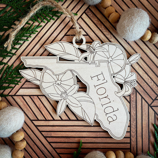 Wooden State Ornaments with State Flowers - Unique Christmas Tree Decor