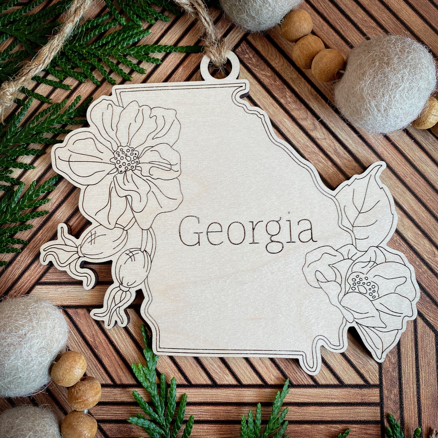 Wooden State Ornaments with State Flowers - Unique Christmas Tree Decor