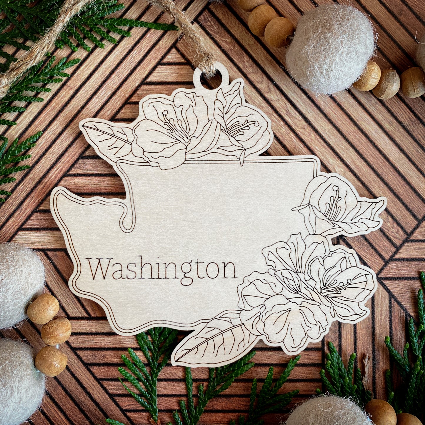 Wooden State Ornaments with State Flowers - Unique Christmas Tree Decor