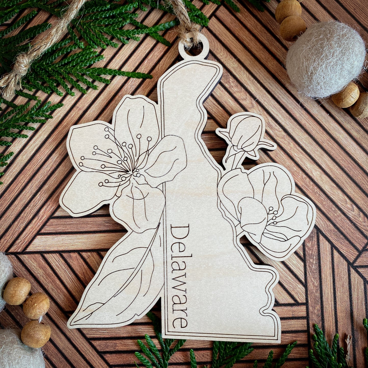 Wooden State Ornaments with State Flowers - Unique Christmas Tree Decor