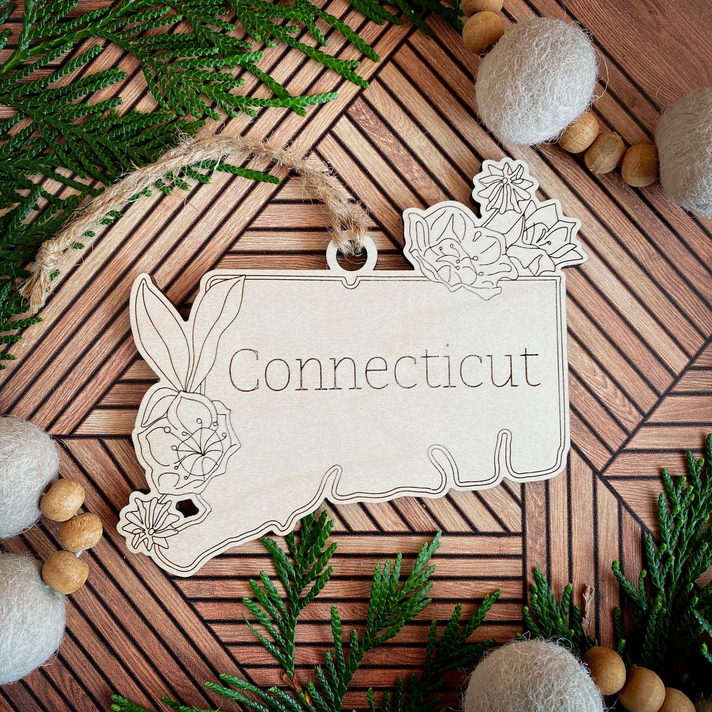 Wooden State Ornaments with State Flowers - Unique Christmas Tree Decor