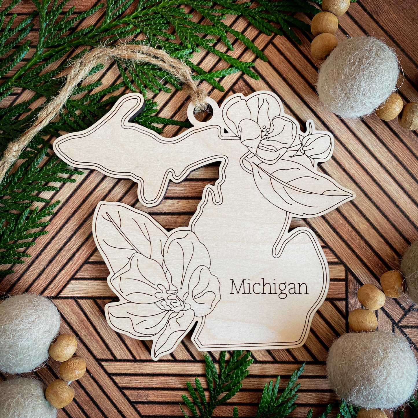 Wooden State Ornaments with State Flowers - Unique Christmas Tree Decor