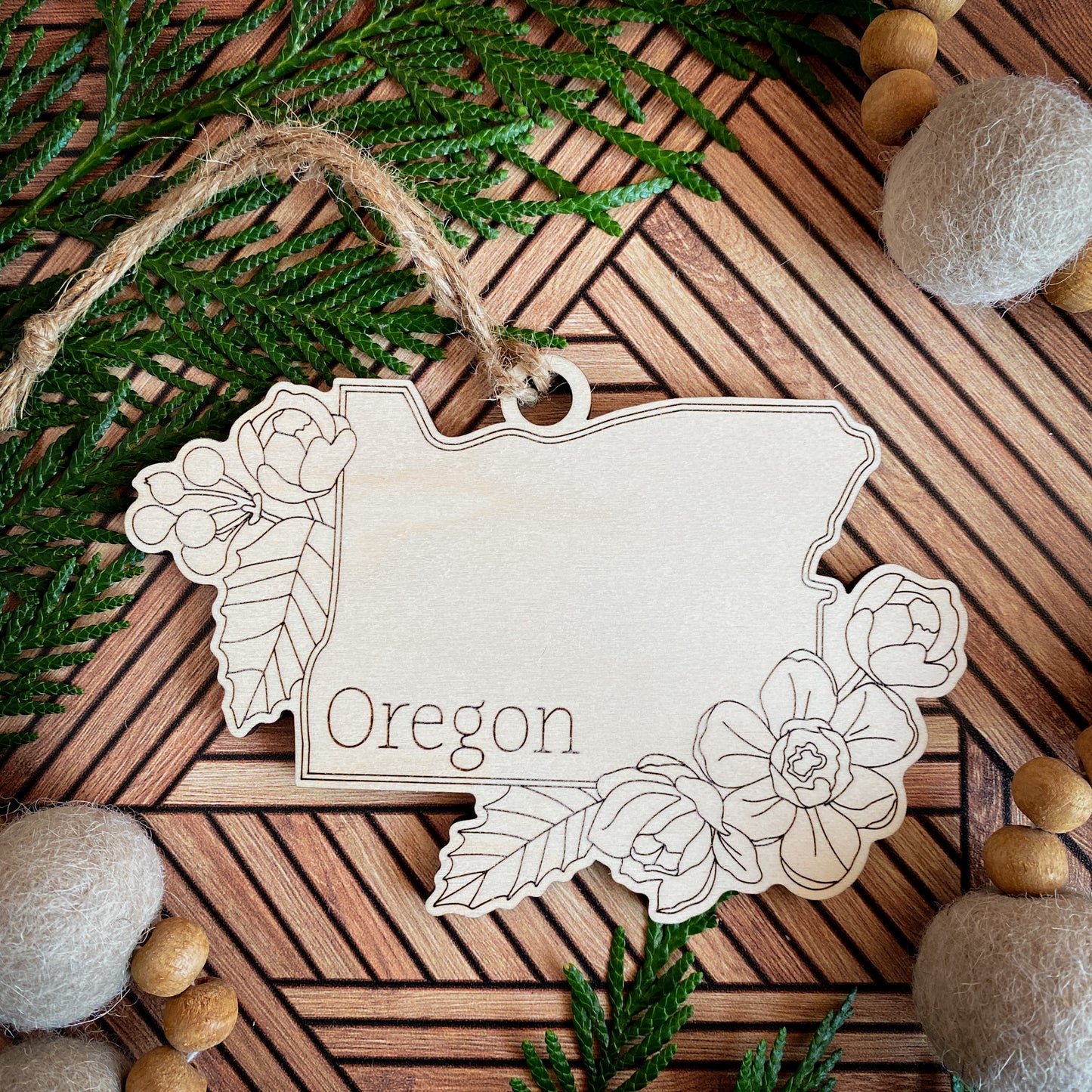 Wooden State Ornaments with State Flowers - Unique Christmas Tree Decor