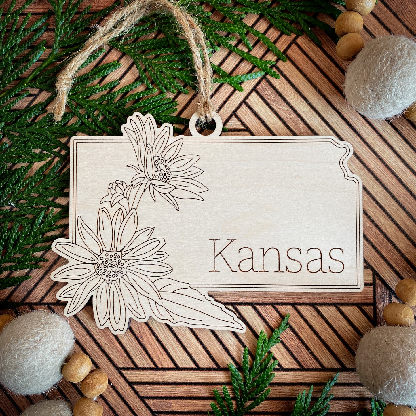 Wooden State Ornaments with State Flowers - Unique Christmas Tree Decor