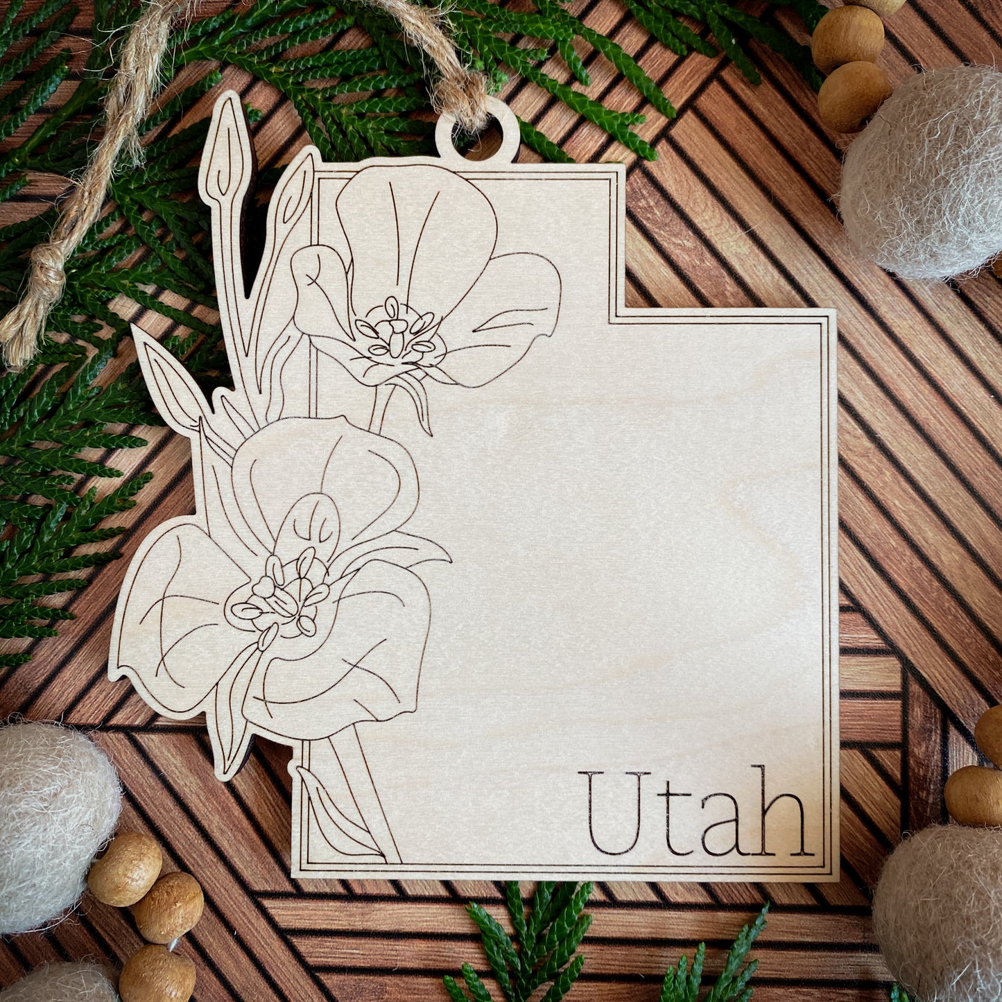 Wooden State Ornaments with State Flowers - Unique Christmas Tree Decor