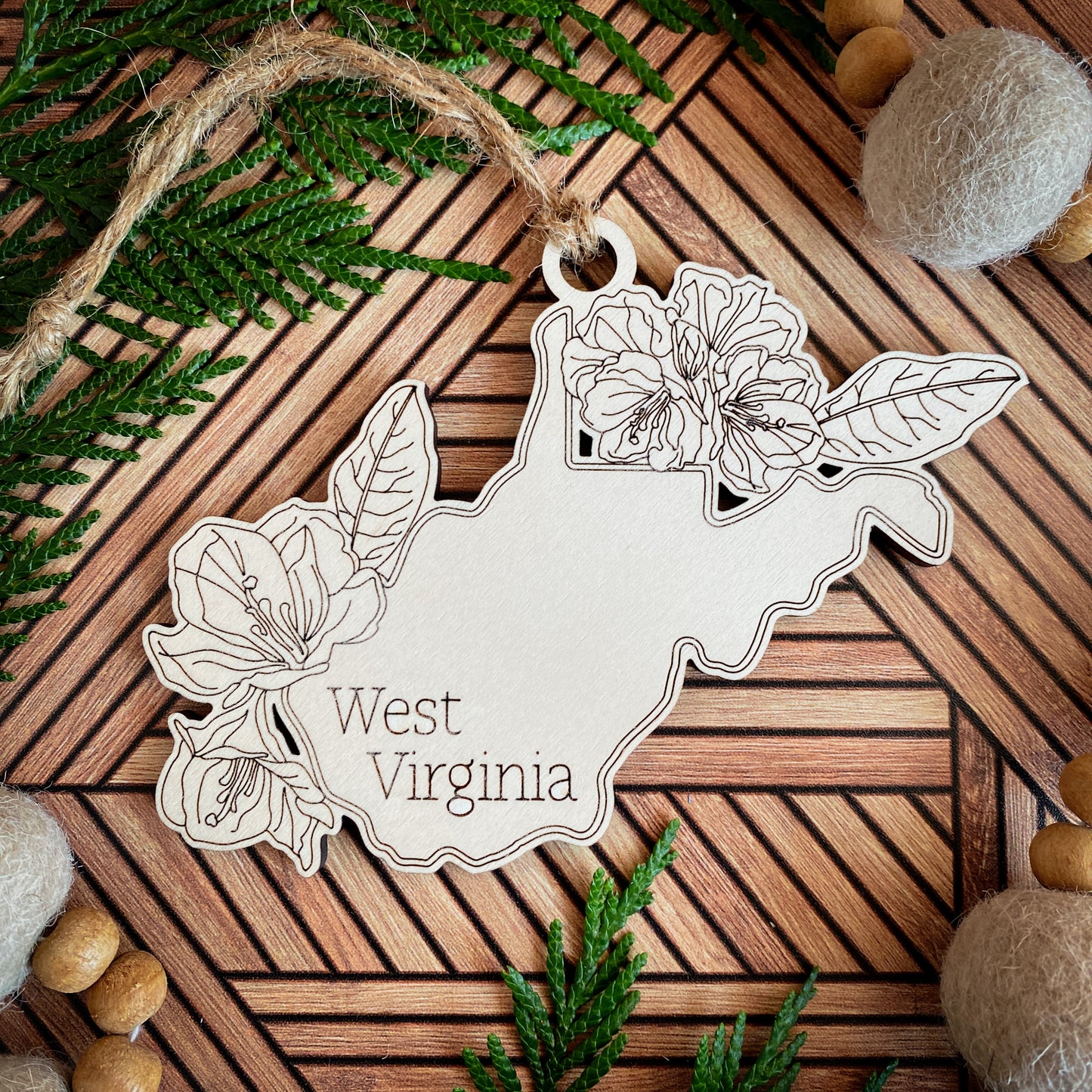 Wooden State Ornaments with State Flowers - Unique Christmas Tree Decor