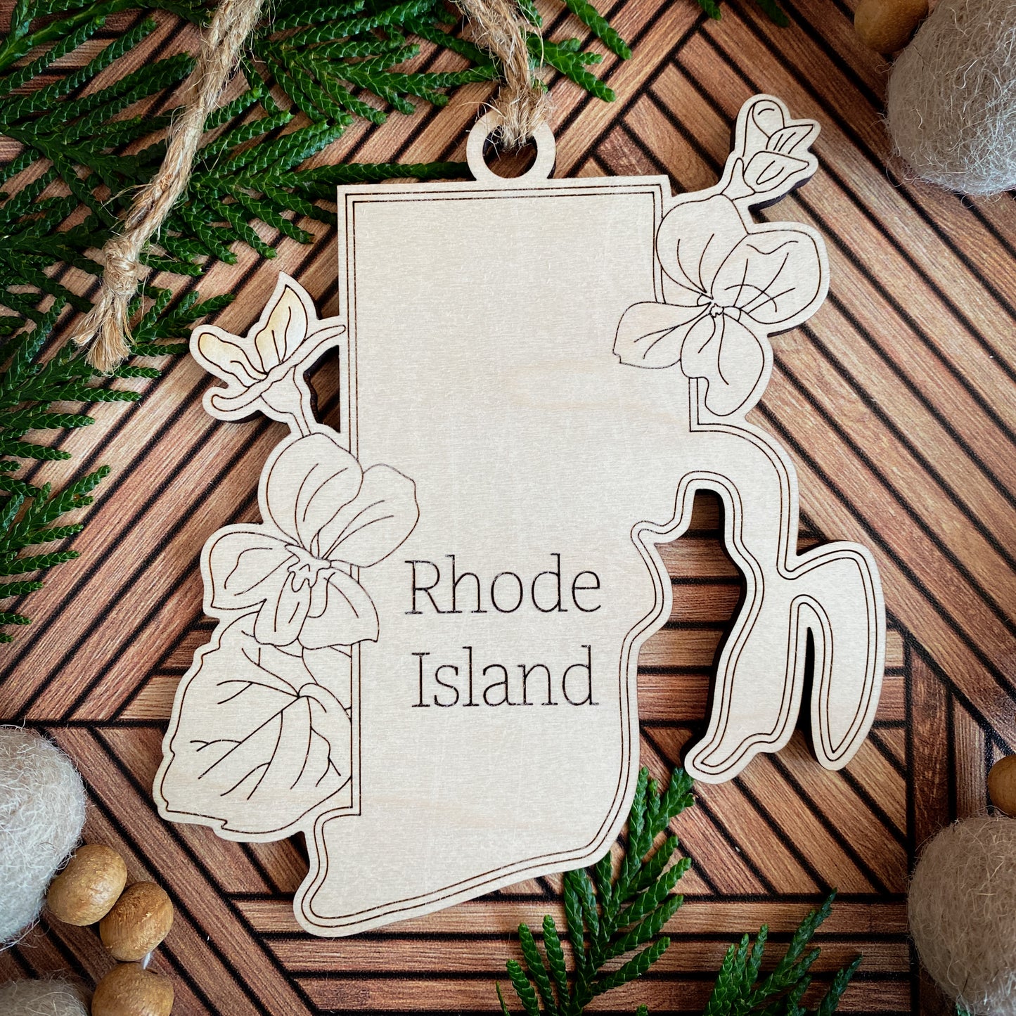 Wooden State Ornaments with State Flowers - Unique Christmas Tree Decor