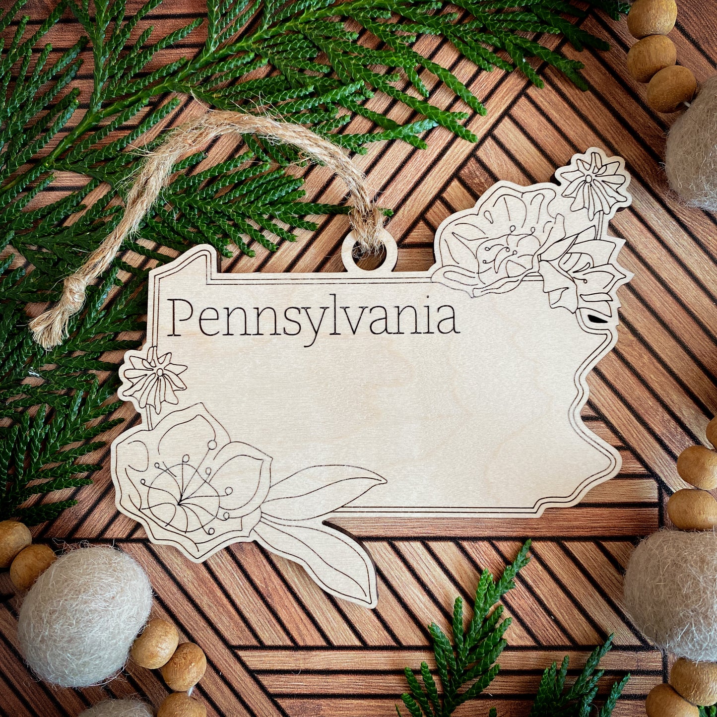 Wooden State Ornaments with State Flowers - Unique Christmas Tree Decor