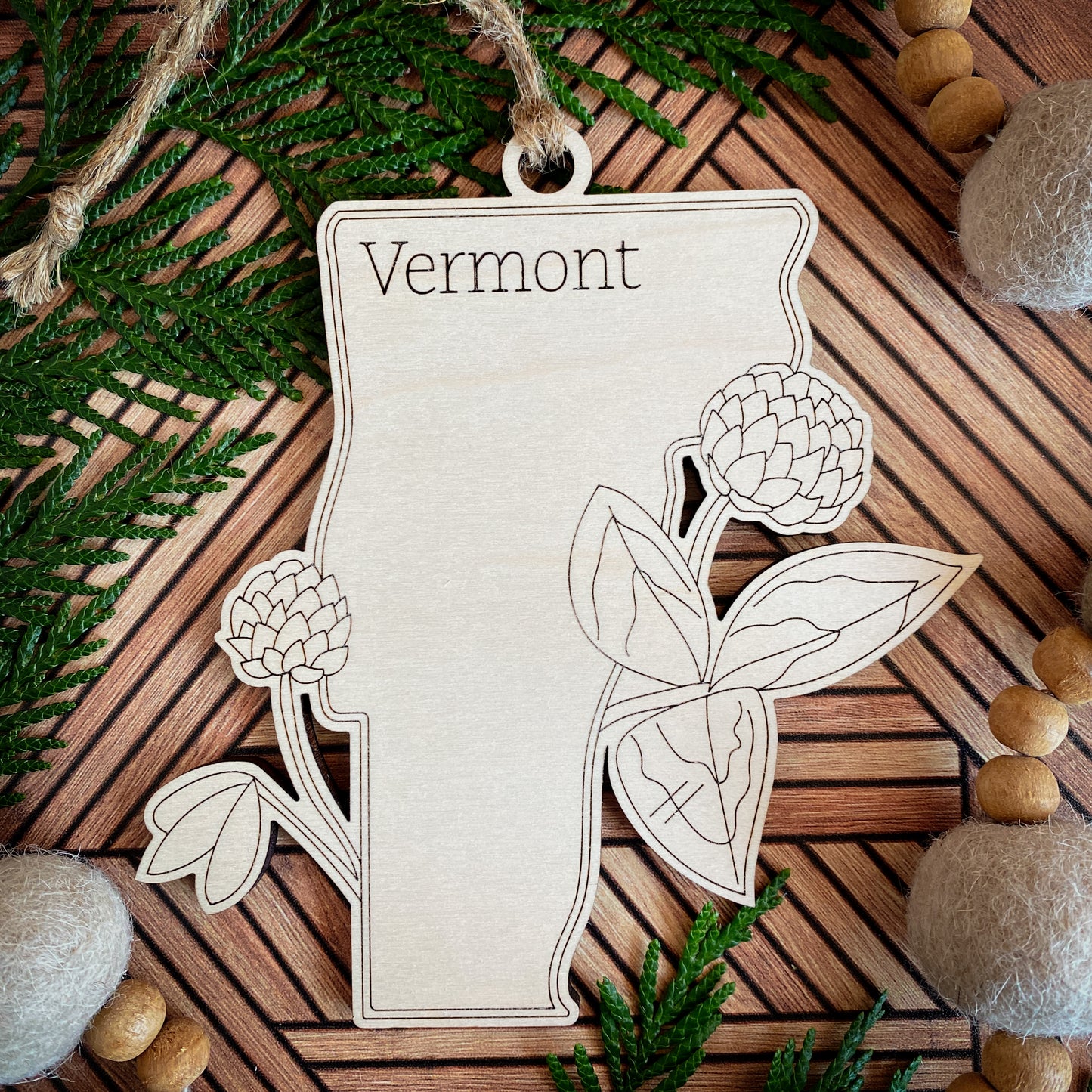 Wooden State Ornaments with State Flowers - Unique Christmas Tree Decor