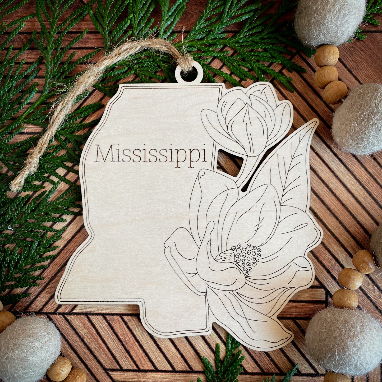 Wooden State Ornaments with State Flowers - Unique Christmas Tree Decor