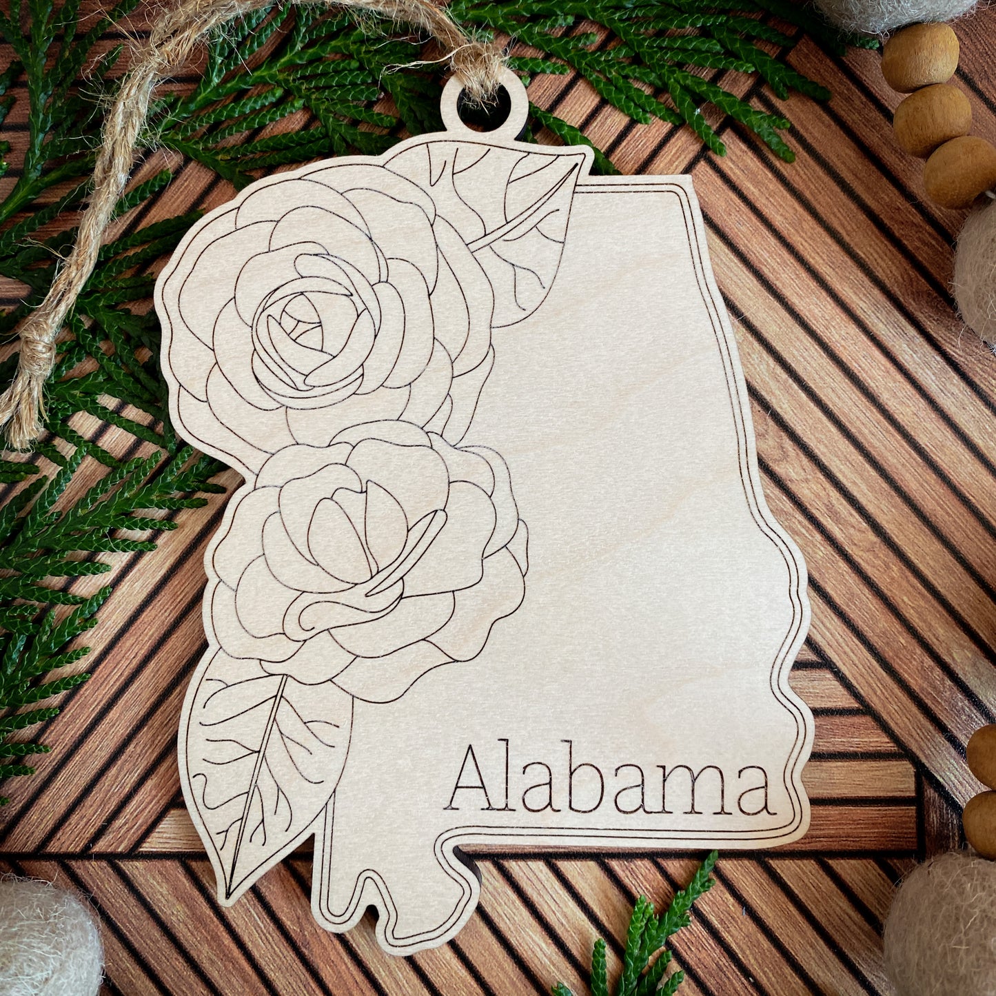 Wooden State Ornaments with State Flowers - Unique Christmas Tree Decor