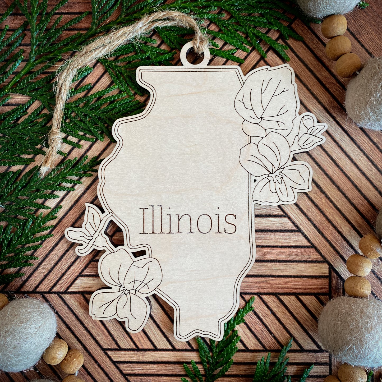 Wooden State Ornaments with State Flowers - Unique Christmas Tree Decor