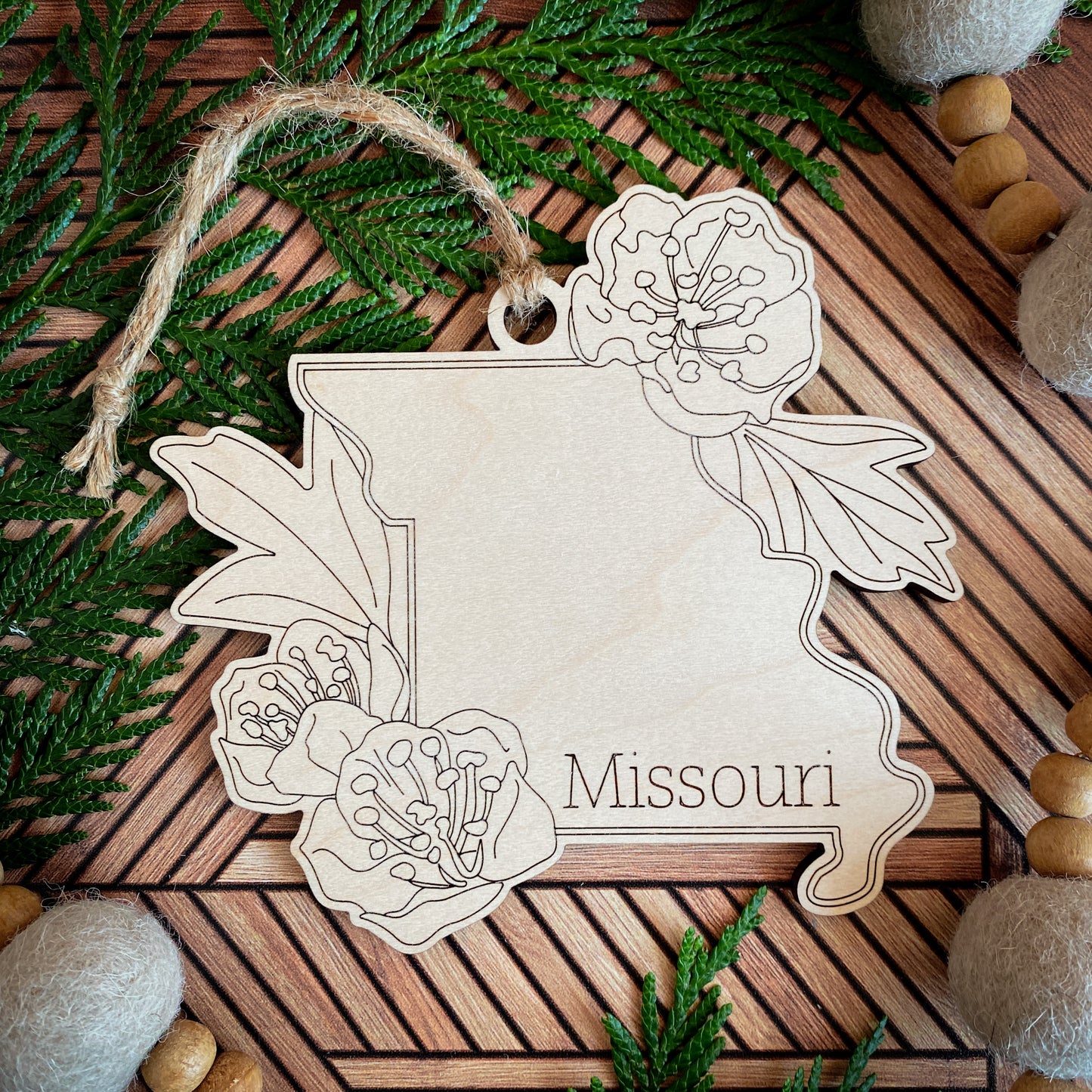 Wooden State Ornaments with State Flowers - Unique Christmas Tree Decor