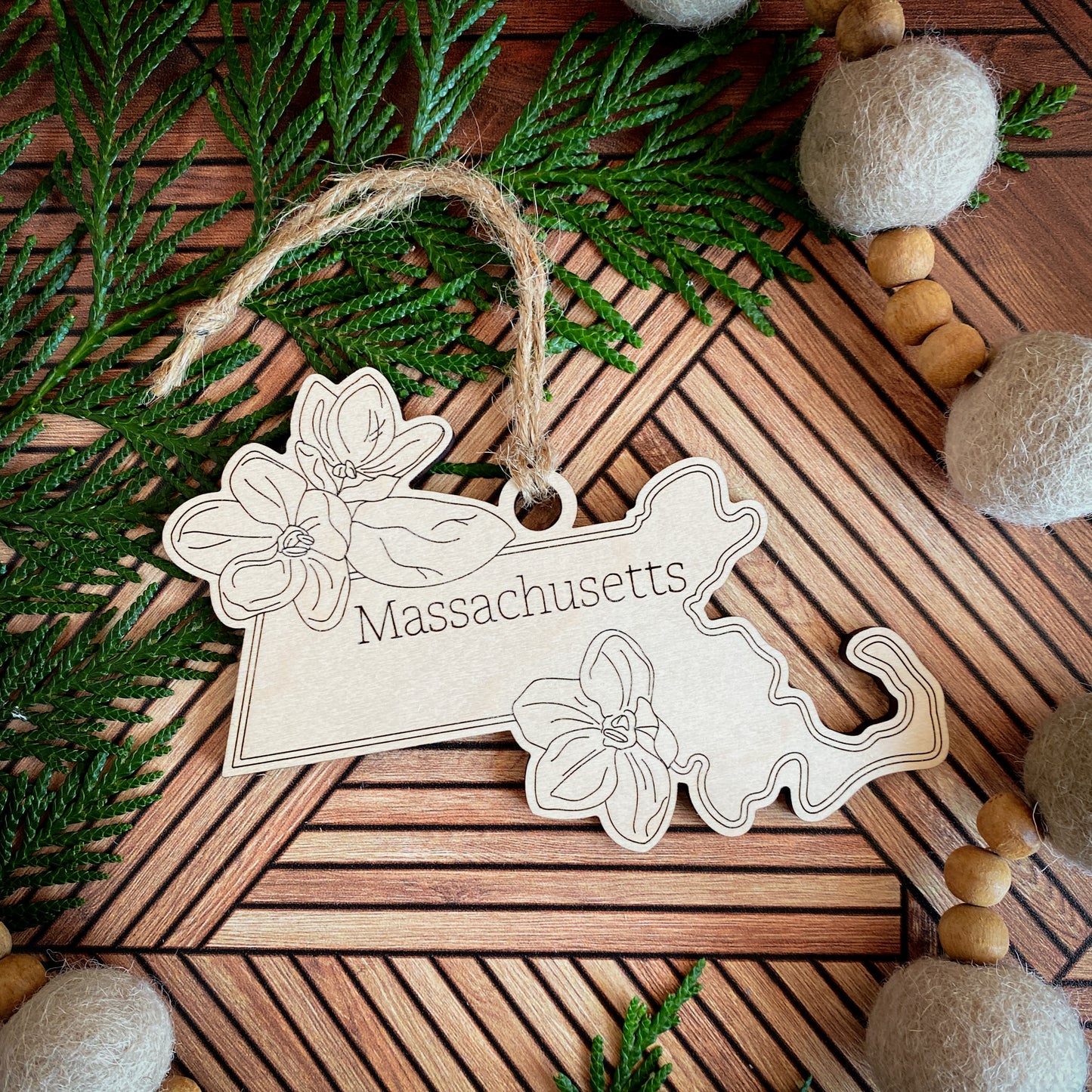 Wooden State Ornaments with State Flowers - Unique Christmas Tree Decor