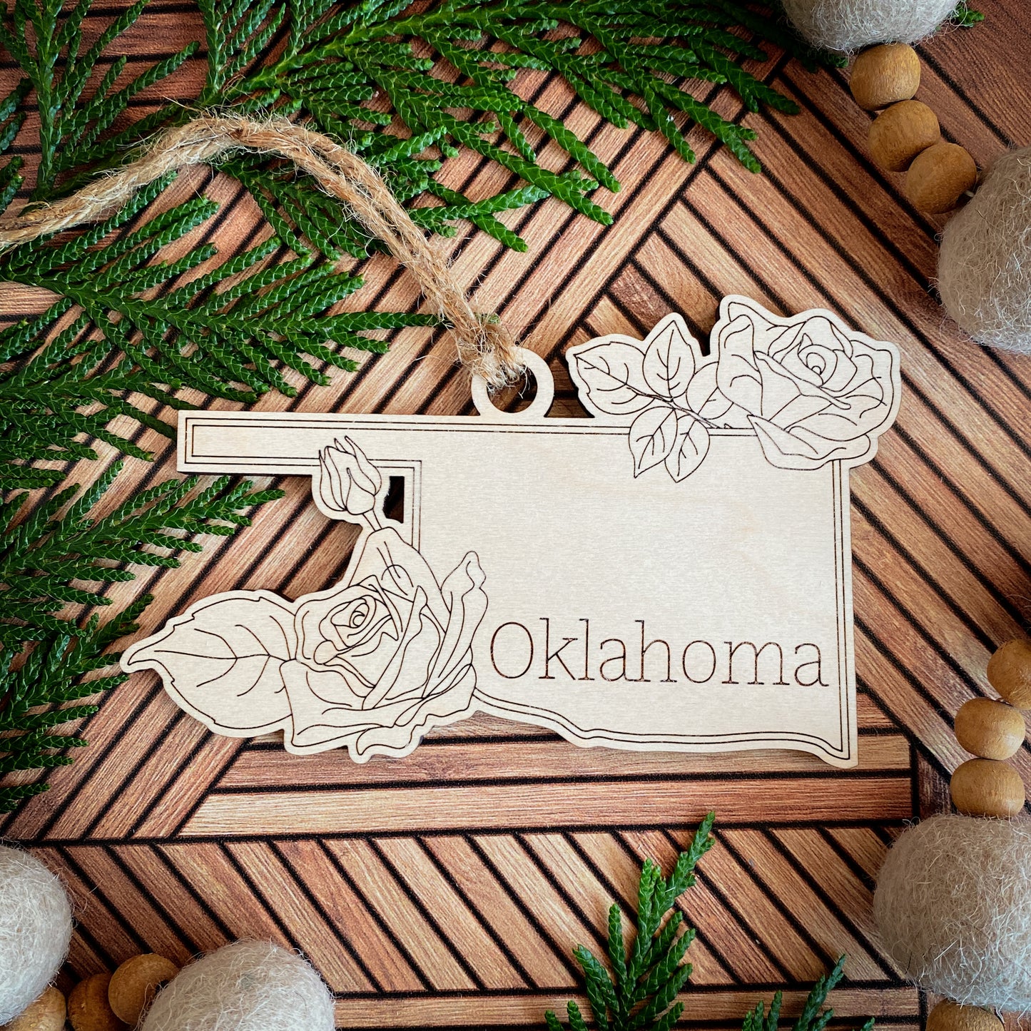 Wooden State Ornaments with State Flowers - Unique Christmas Tree Decor