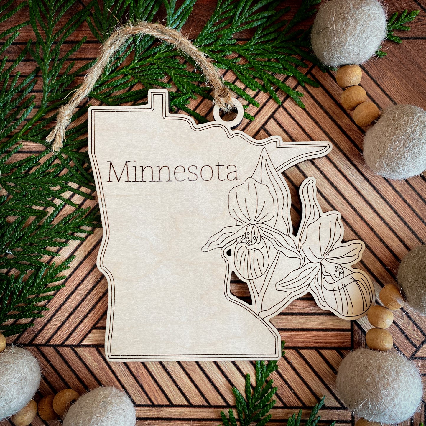 Wooden State Ornaments with State Flowers - Unique Christmas Tree Decor