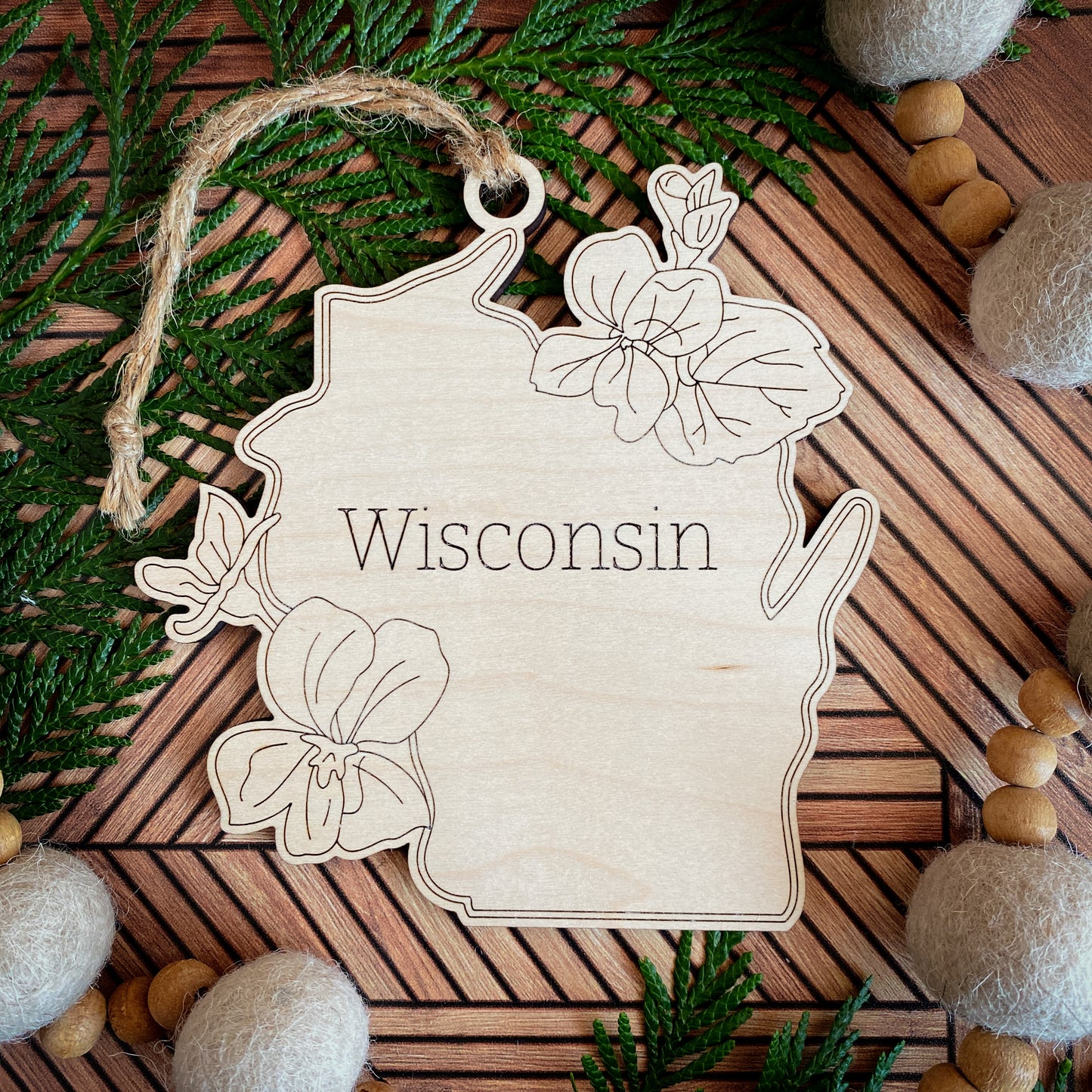 Wooden State Ornaments with State Flowers - Unique Christmas Tree Decor