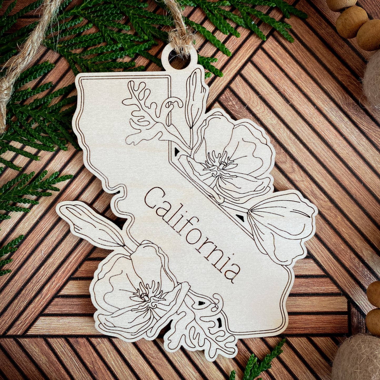 Wooden State Ornaments with State Flowers - Unique Christmas Tree Decor