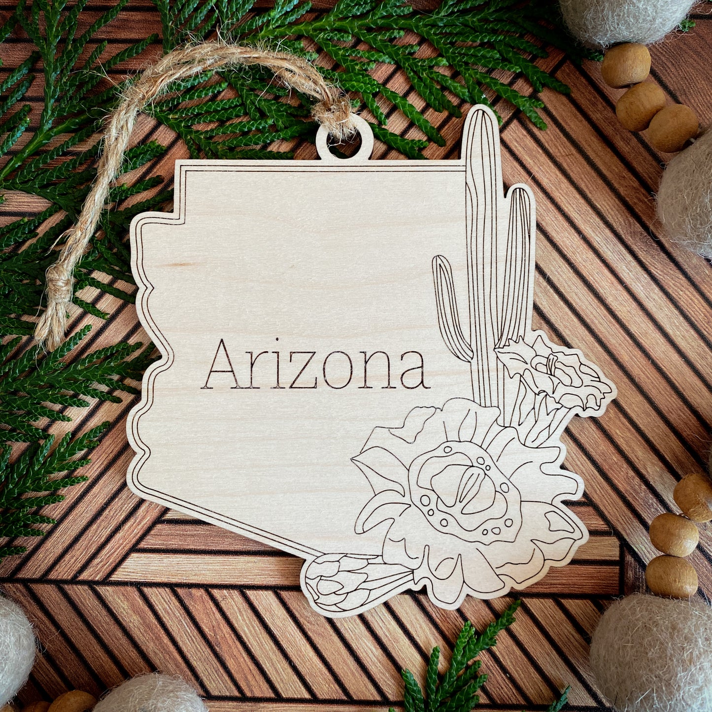 Wooden State Ornaments with State Flowers - Unique Christmas Tree Decor